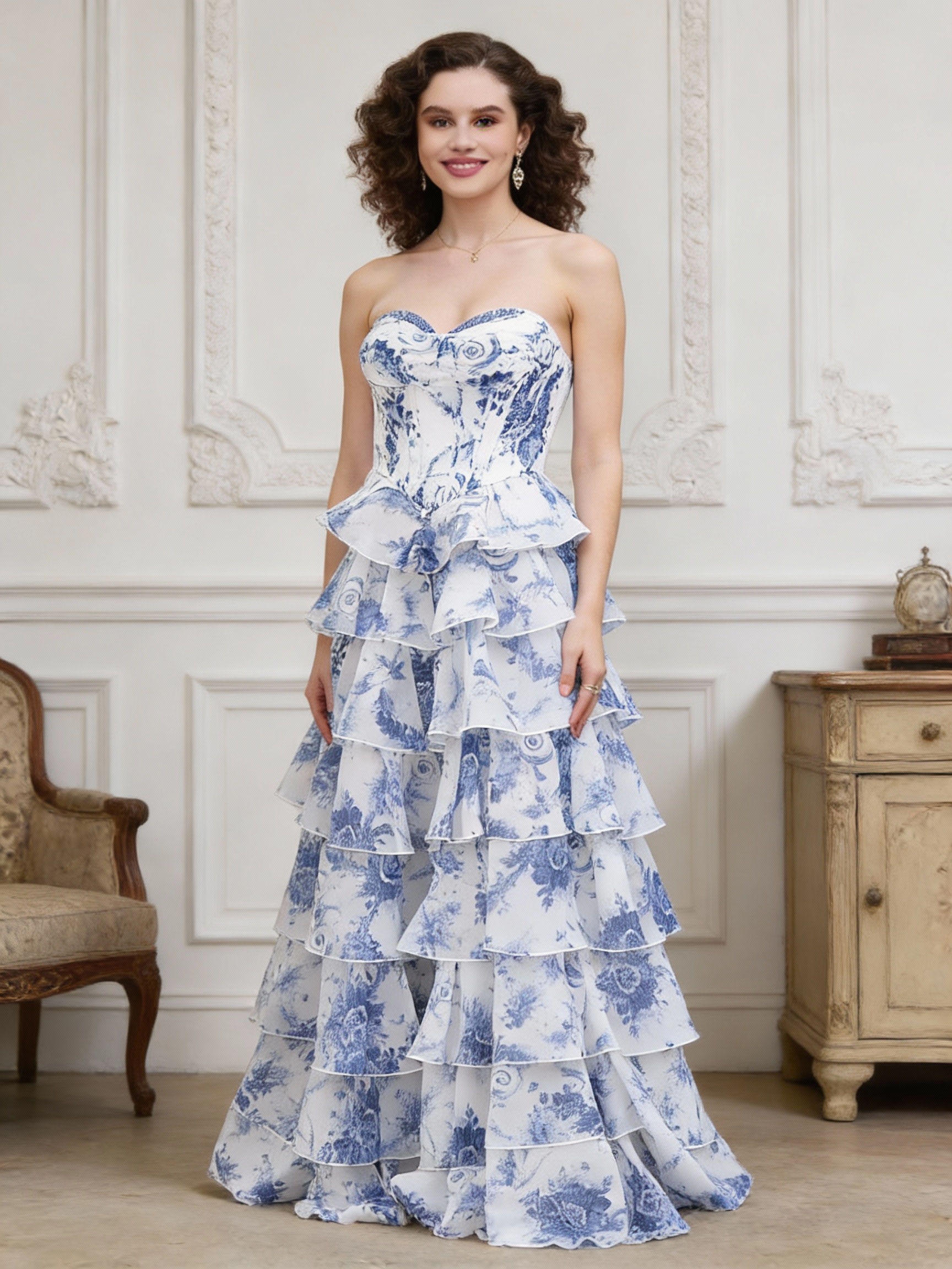 Sweetheart Strapless Tiered Chiffon Prom Dresses