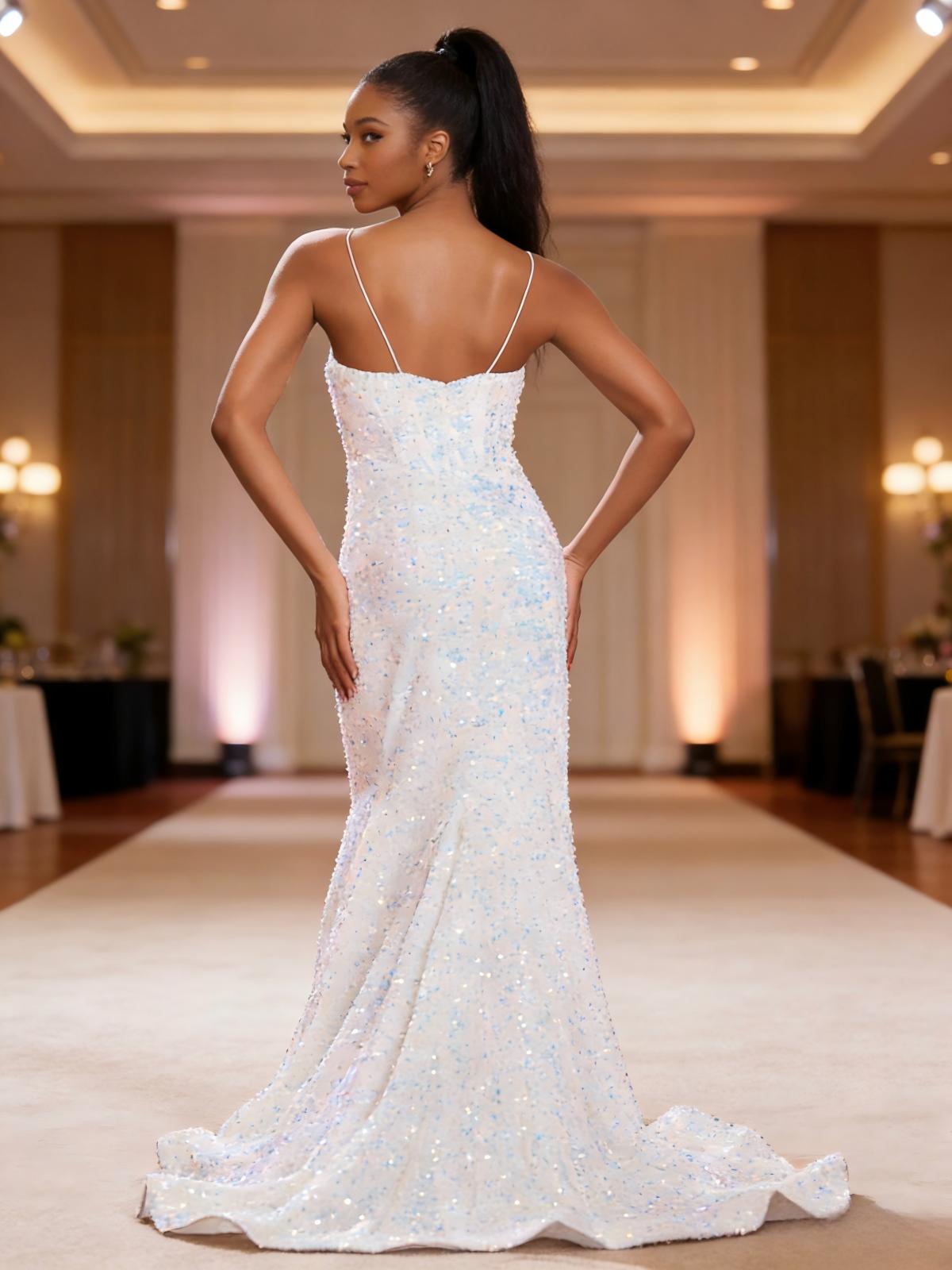 Glitter Sequin Spaghetti Straps Mermaid Prom Dresses