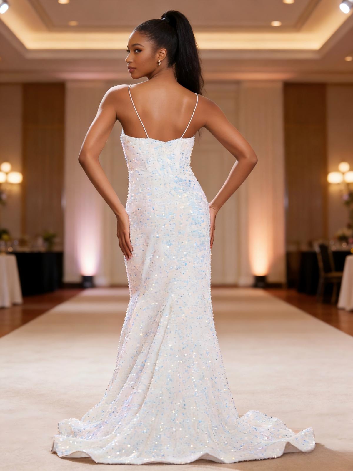 Glitter Sequin Spaghetti Straps Mermaid Prom Dresses