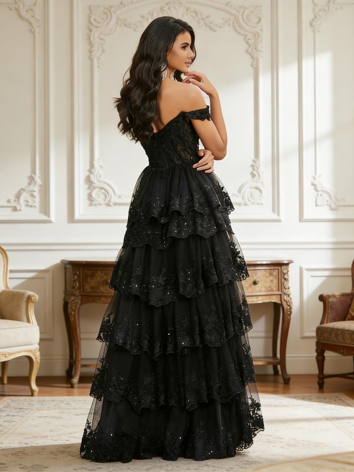 Off Shoulder Glitter Appliques Lace Tiered Prom Dresses