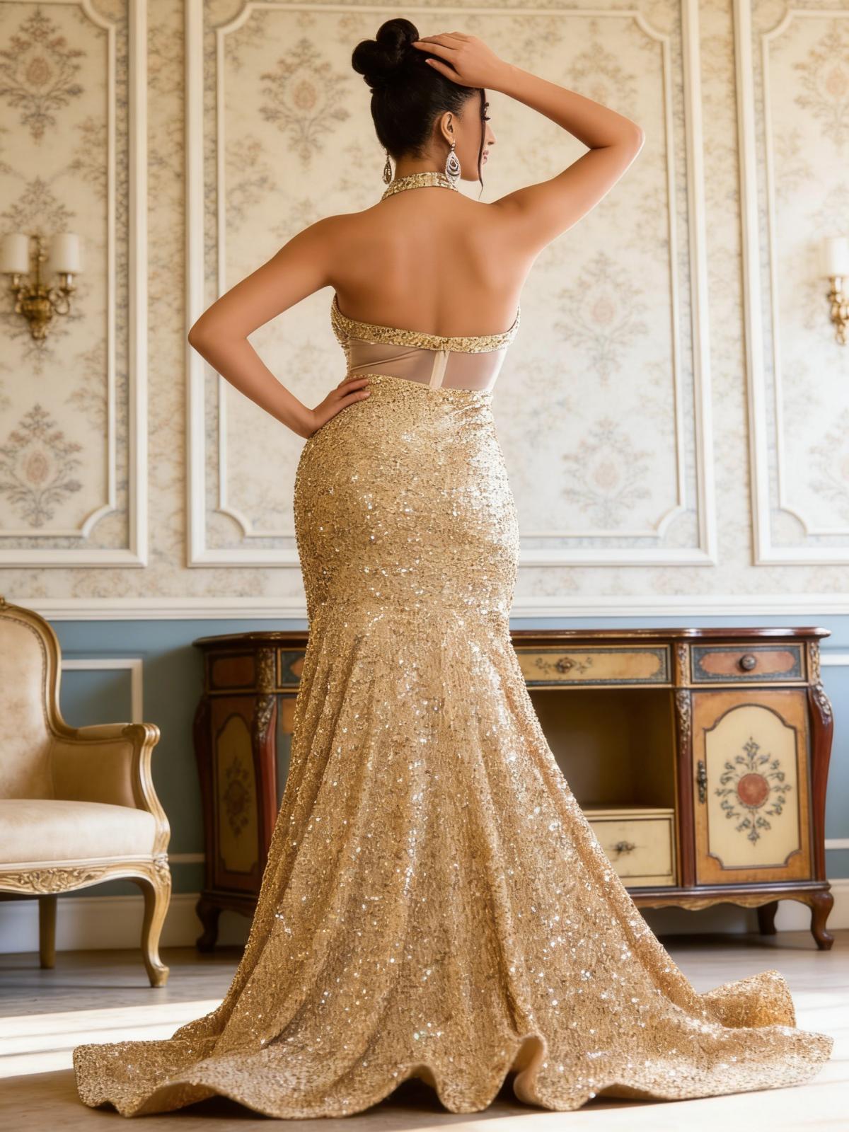 Sexy Halter Glitter Sequin Sleeveless Mermaid Prom Dresses