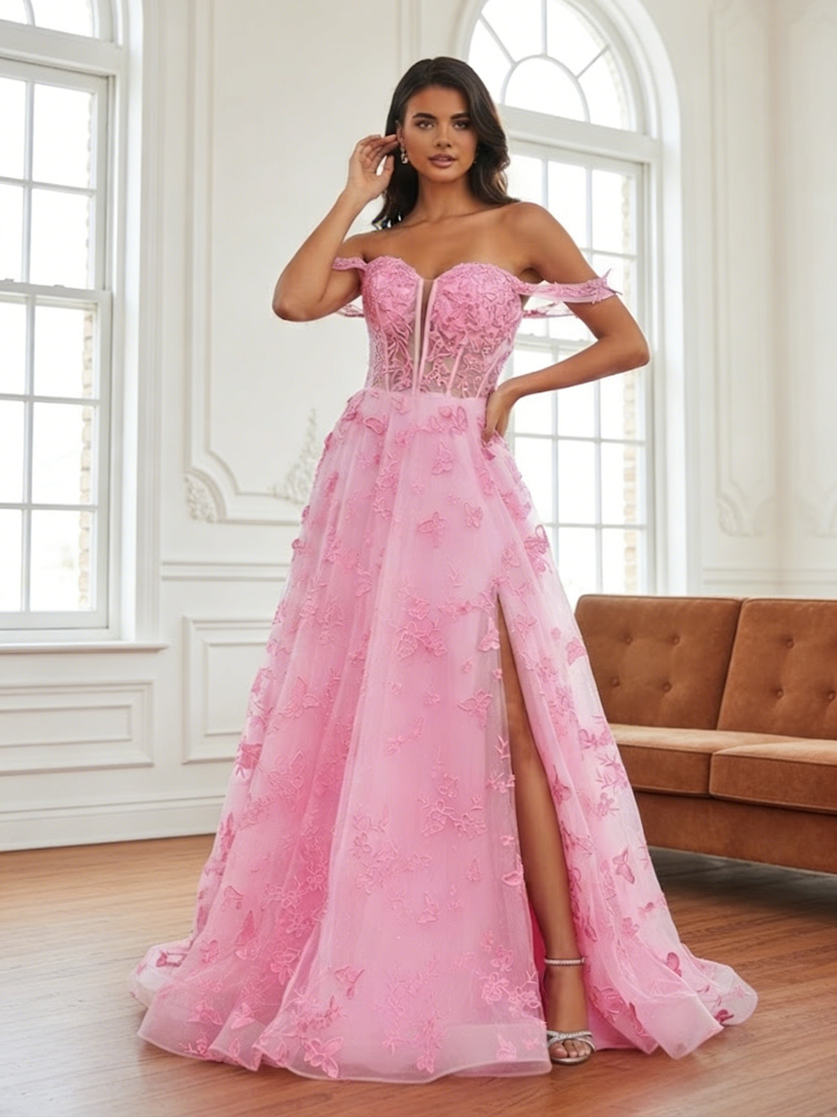 Off Shoulder Appliques Tulle A Line Prom Dresses with Slit