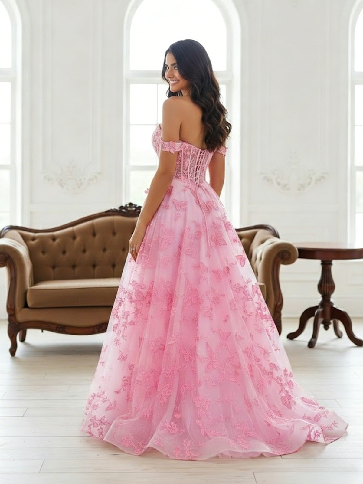 Off Shoulder Appliques Tulle A Line Prom Dresses with Slit