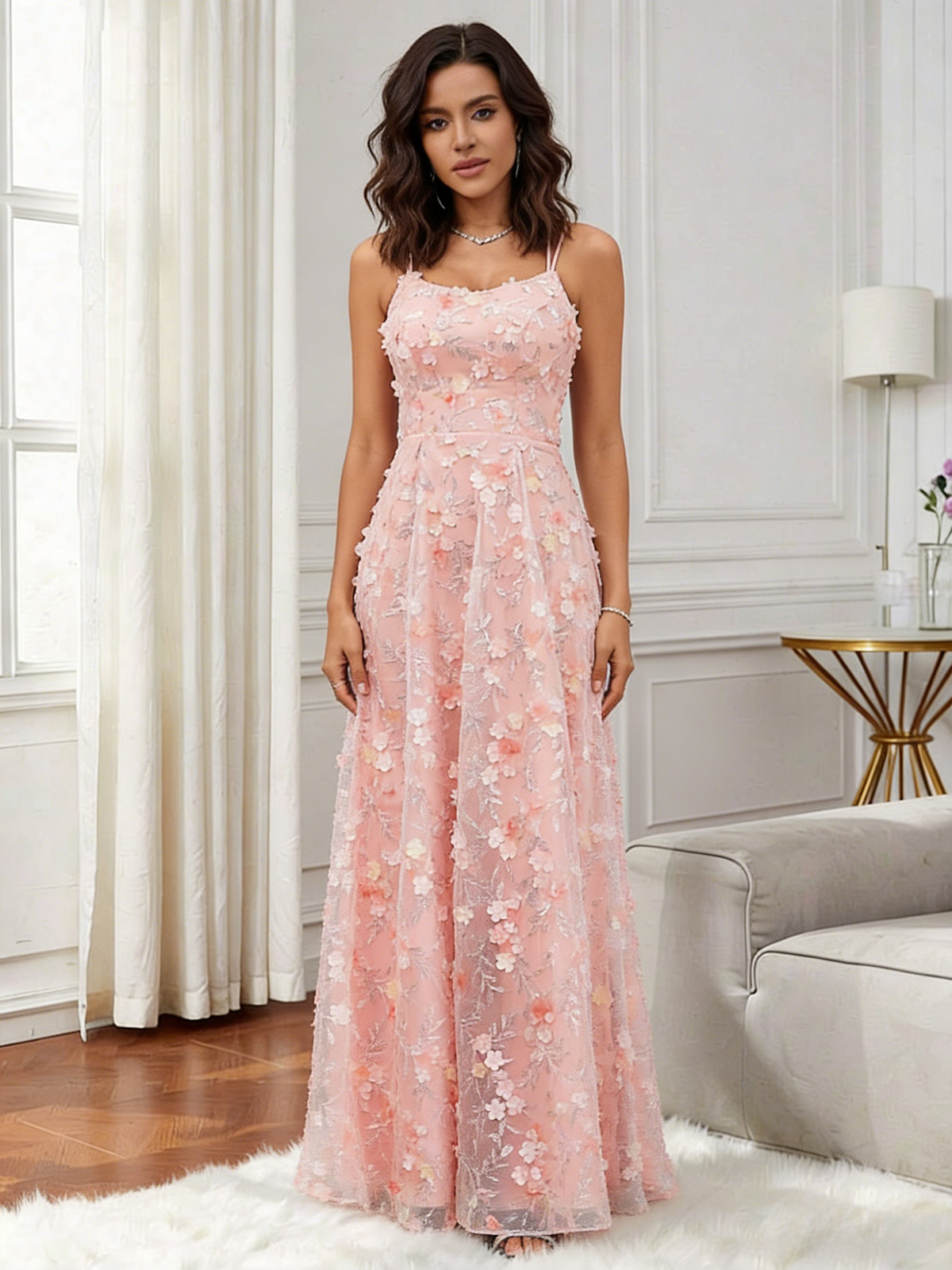 Spaghetti Straps Backless Appliques Lace Prom Dresses