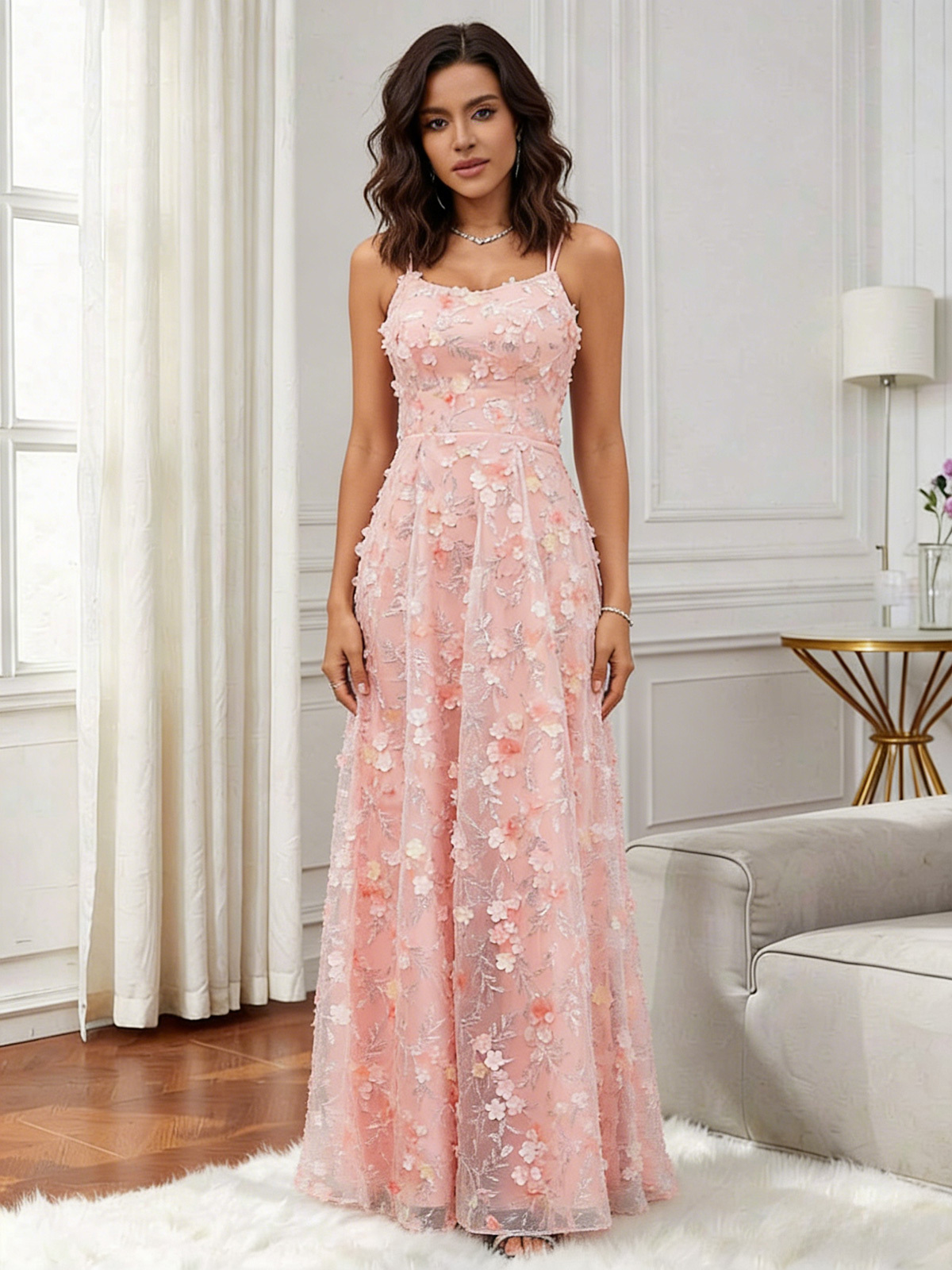 Spaghetti Straps Backless Appliques Lace Prom Dresses