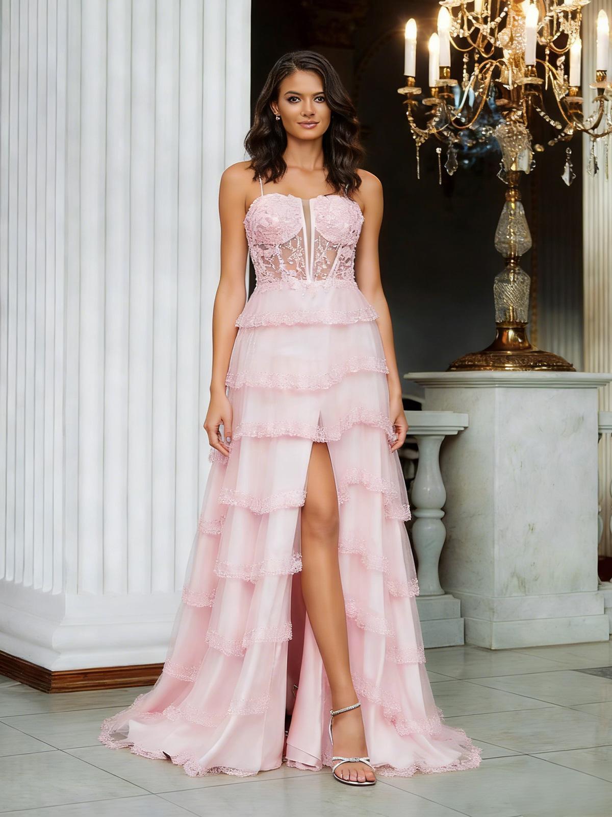 Spaghetti Straps Appliques Lace Tiered Prom Dresses with Slit