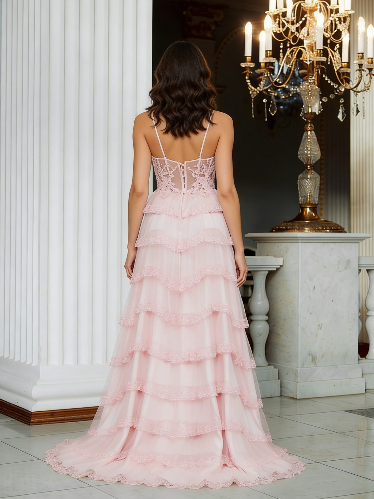 Spaghetti Straps Appliques Lace Tiered Prom Dresses with Slit