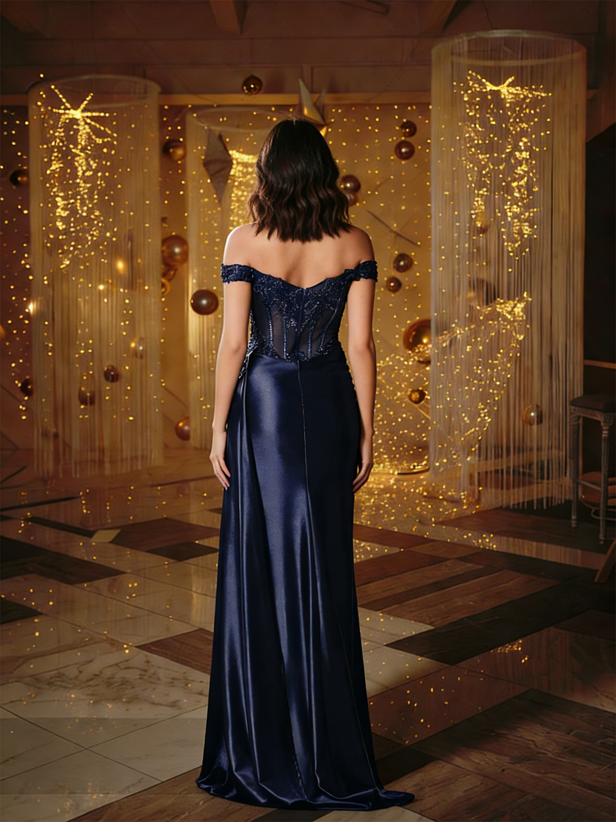 Off Shoulder Appliques Pleated Satin Prom Dresses with Slit