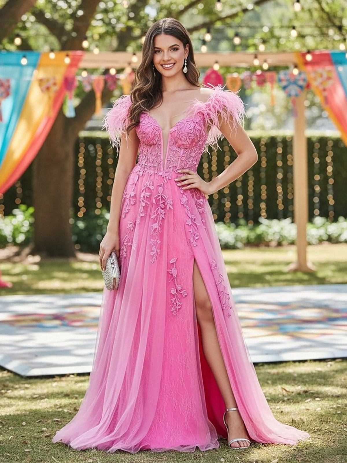 Off Shoulder Sweetheart Tulle A Line Prom Dresses with Slit