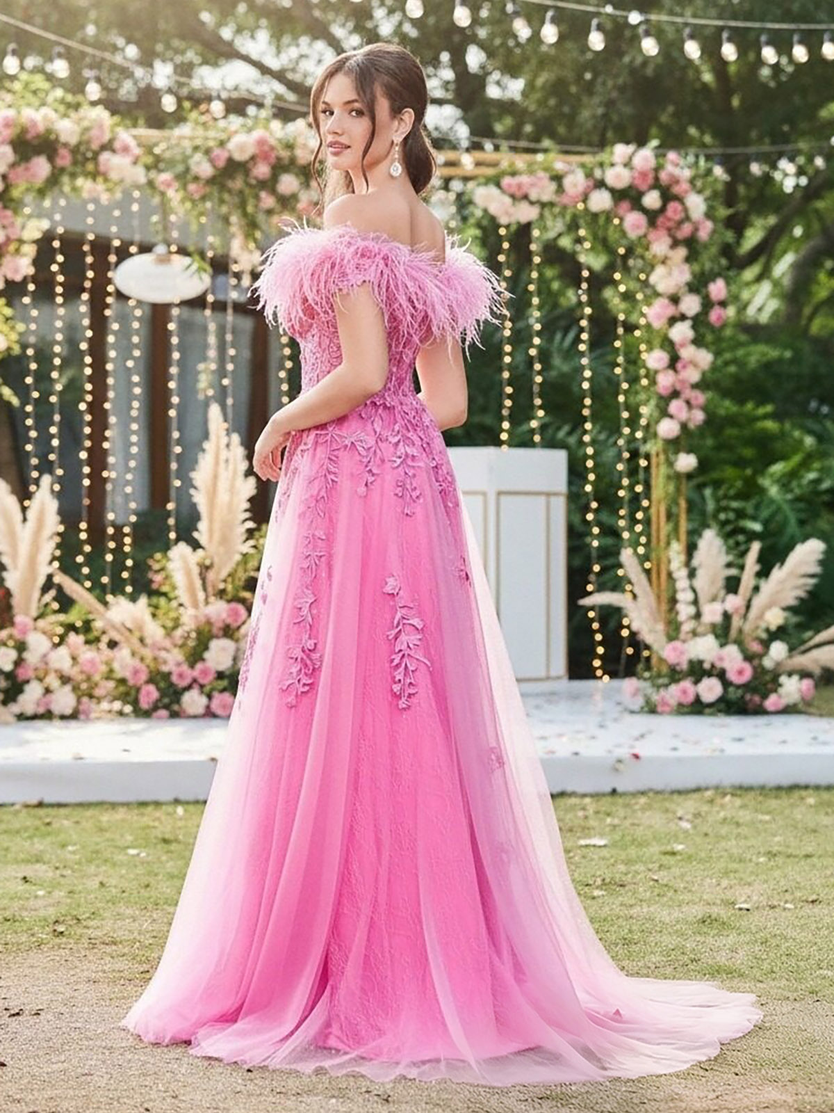 Off Shoulder Sweetheart Tulle A Line Prom Dresses with Slit