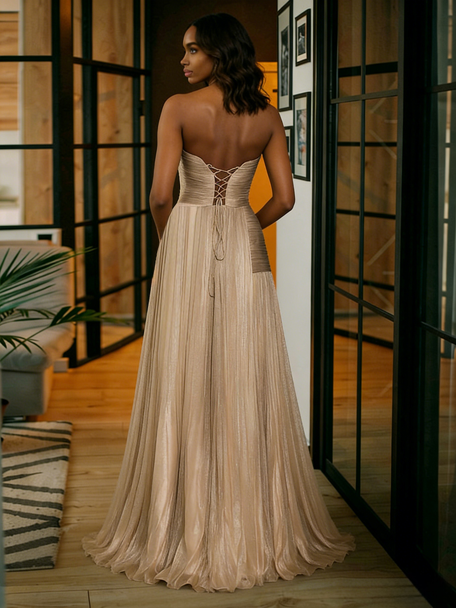 Strapless Sweetheart Glitter Tulle A Line Prom Dresses Pleated