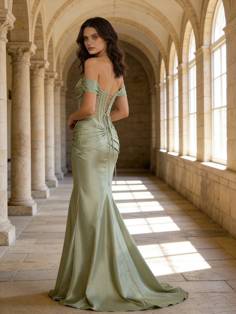 Off Shoulder Sweetheart Satin Mermaid Prom Dresses Slit