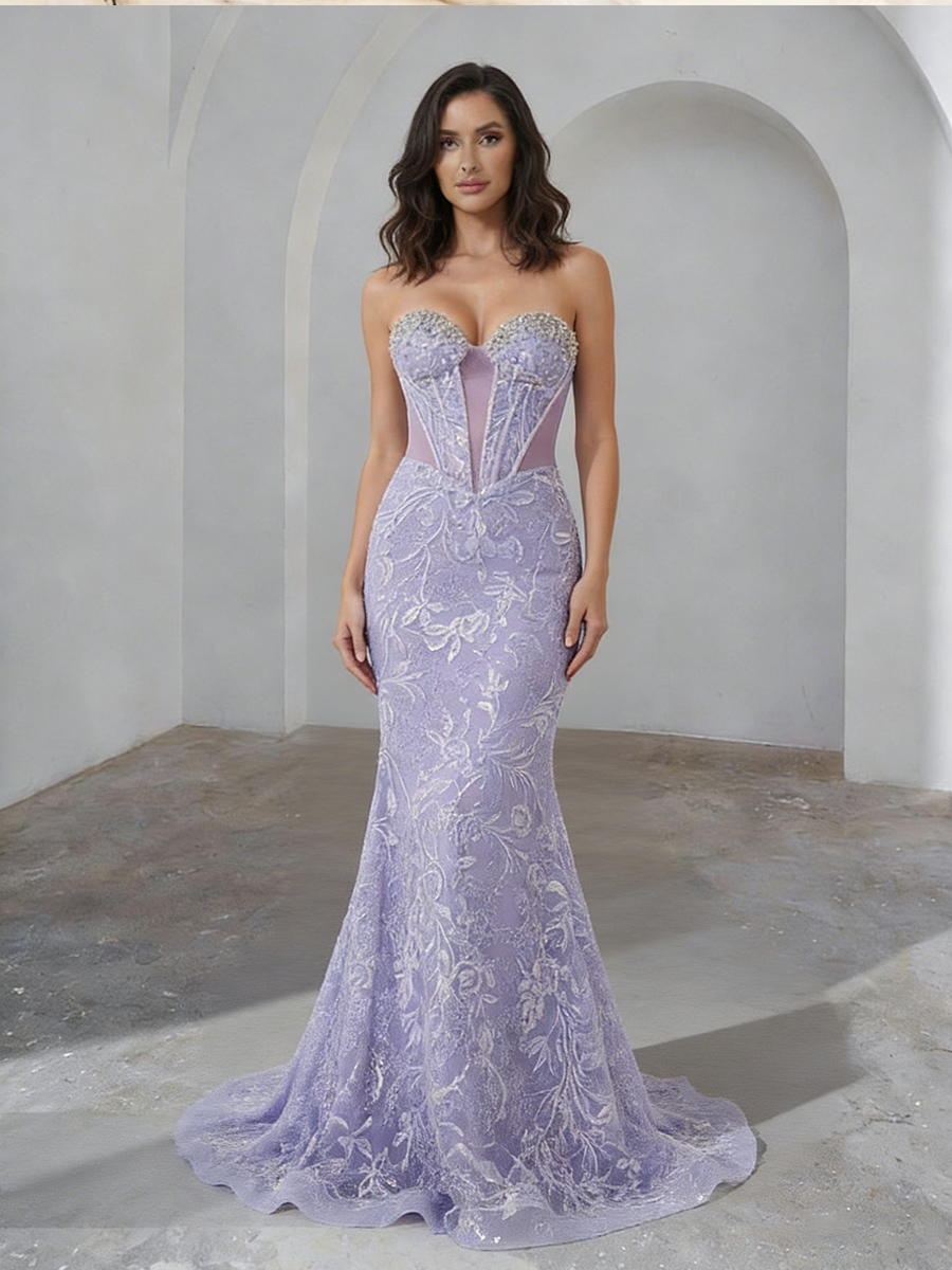 Strapless Sweetheart Appliques Lace Mermaid Prom Dresses