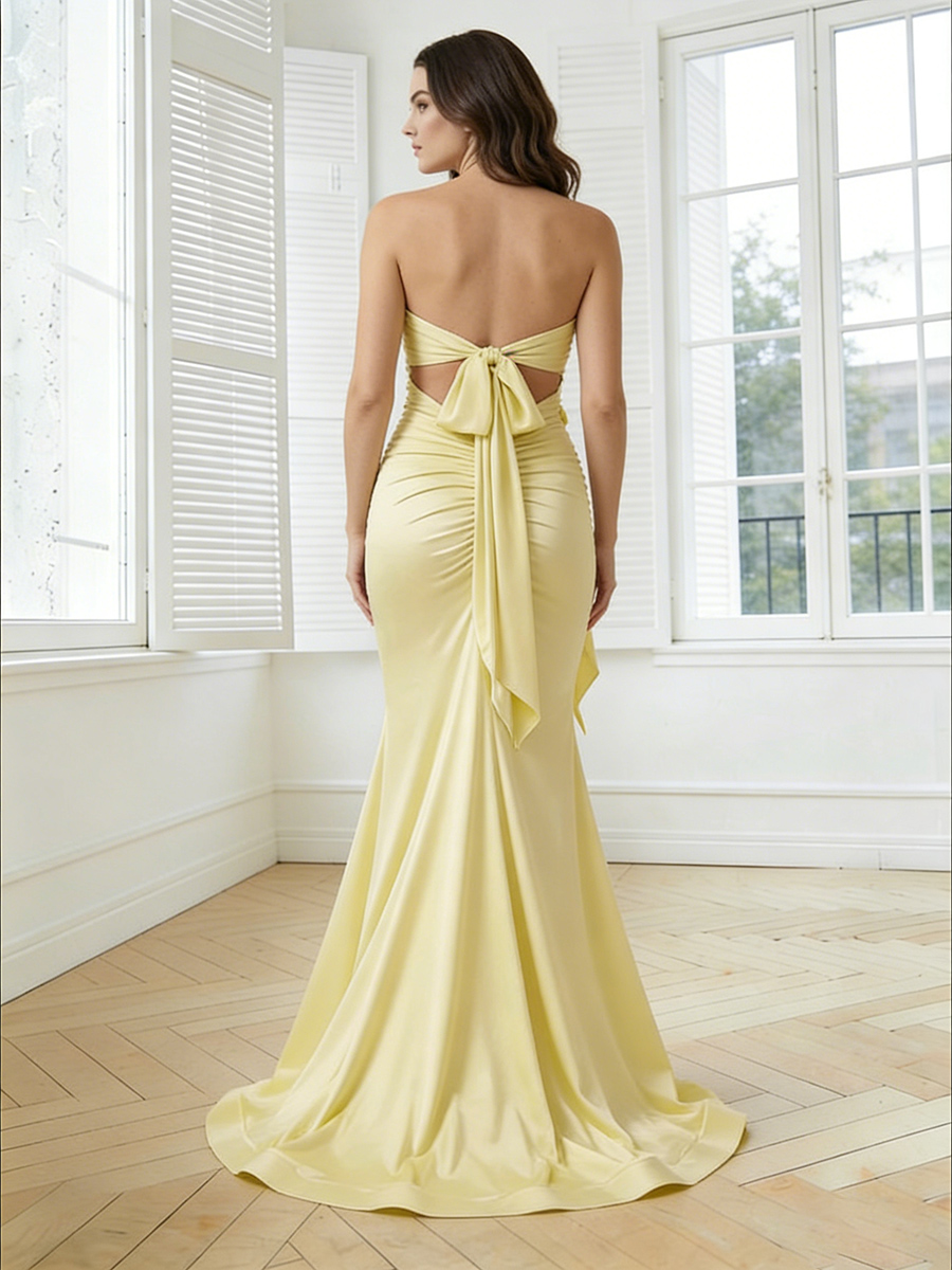 Strapless Cut Out Satin Mermaid Prom Dresses with Bow