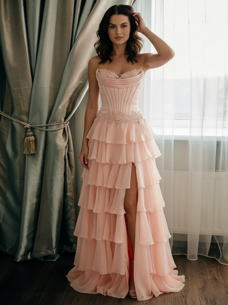 Strapless Sweetheart Tiered Chiffon Prom Dresses with Slit