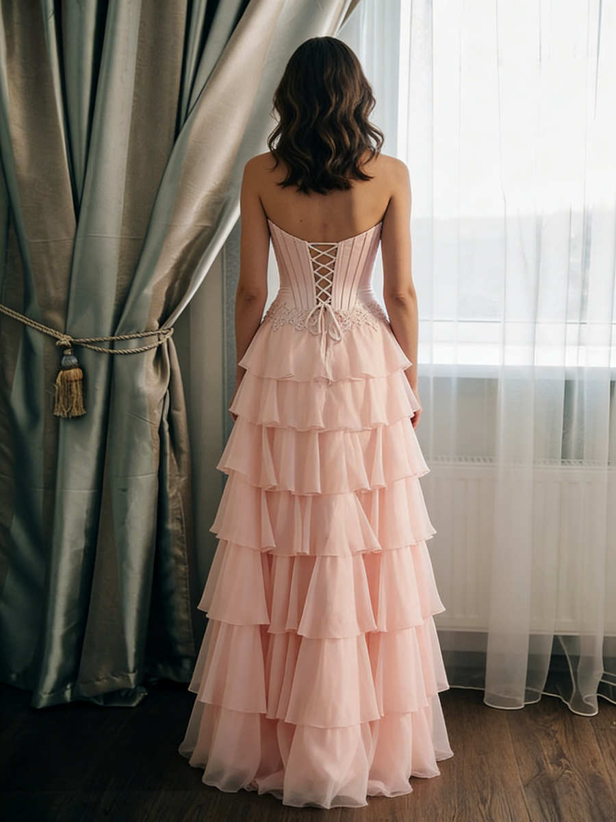 Strapless Sweetheart Tiered Chiffon Prom Dresses with Slit