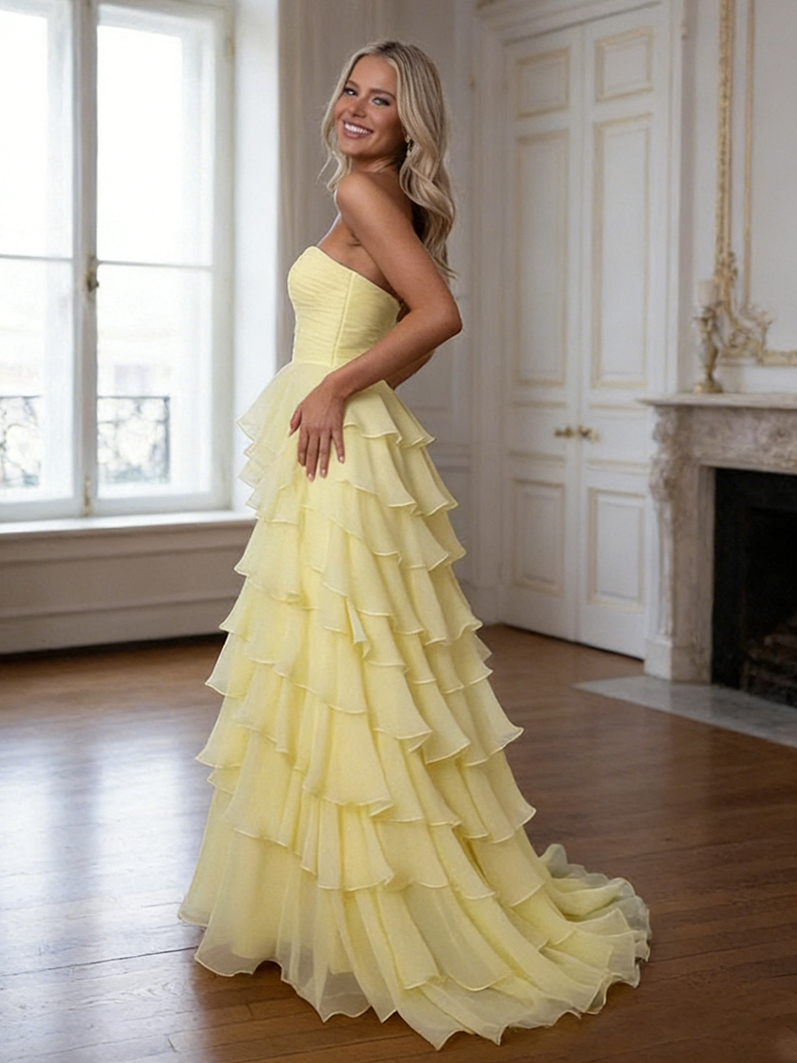 Strapless Sweetheart Tiered Chiffon Prom Dresses with Slit