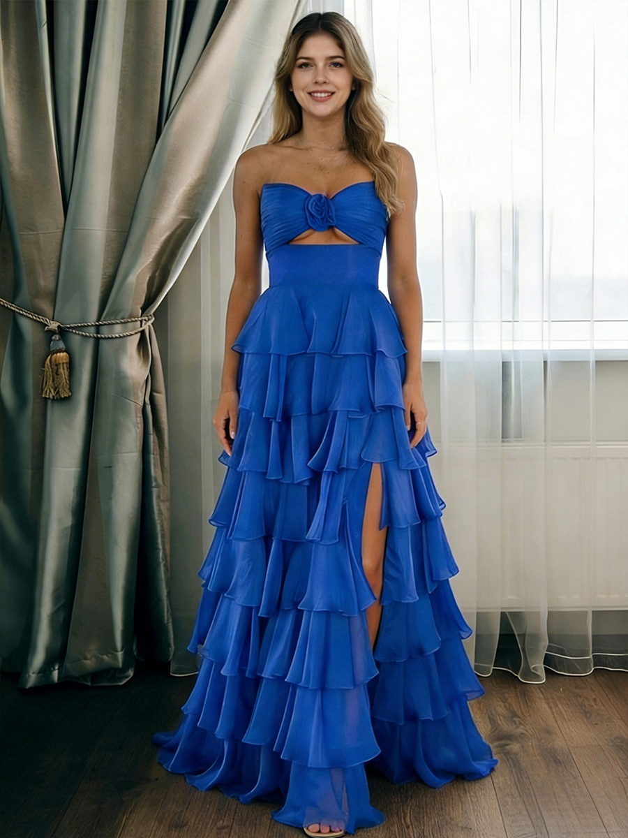 Strapless Backless A Line Chiffon Tiered Prom Dresses