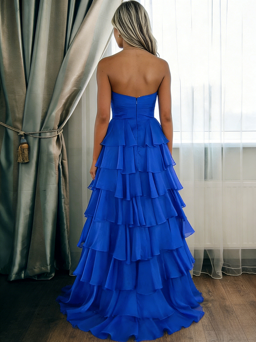 Strapless Backless A Line Chiffon Tiered Prom Dresses