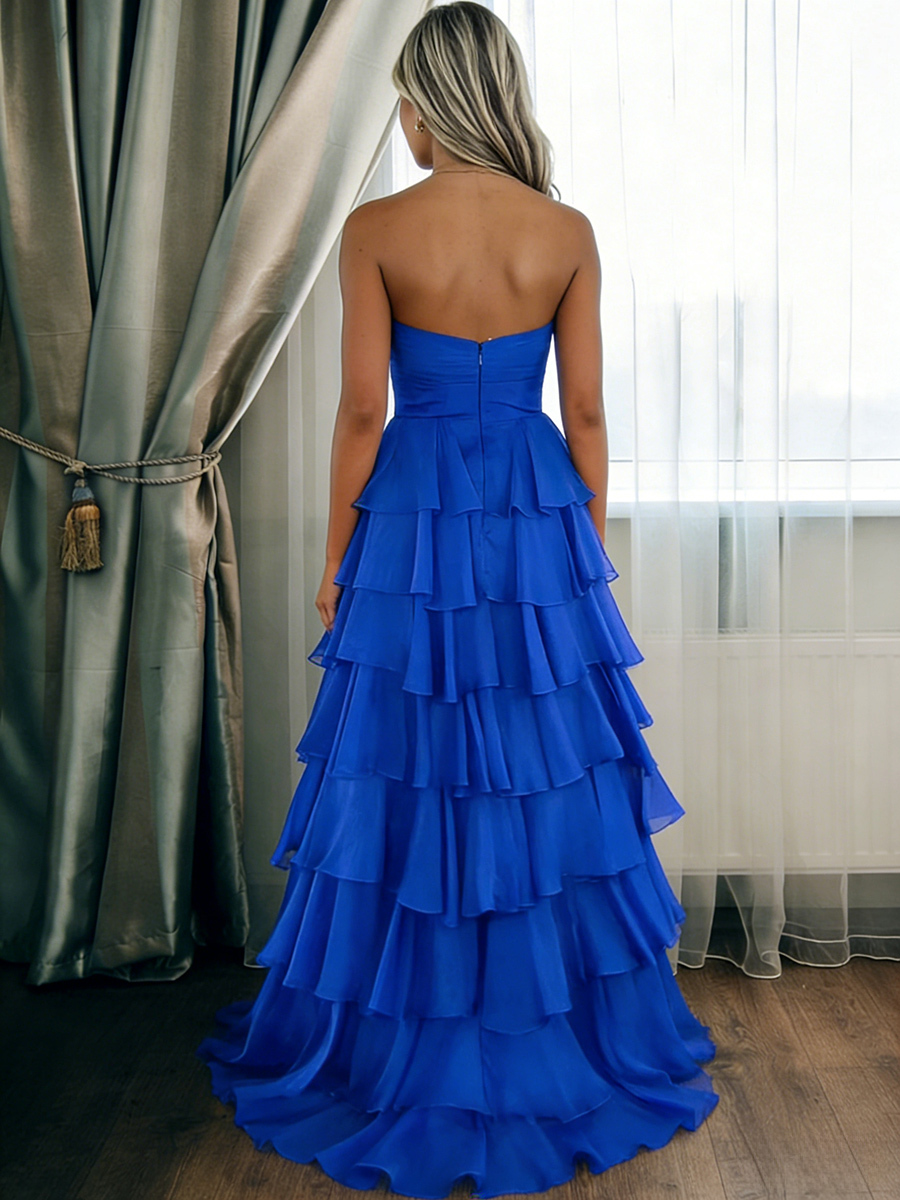 Strapless Backless A Line Chiffon Tiered Prom Dresses