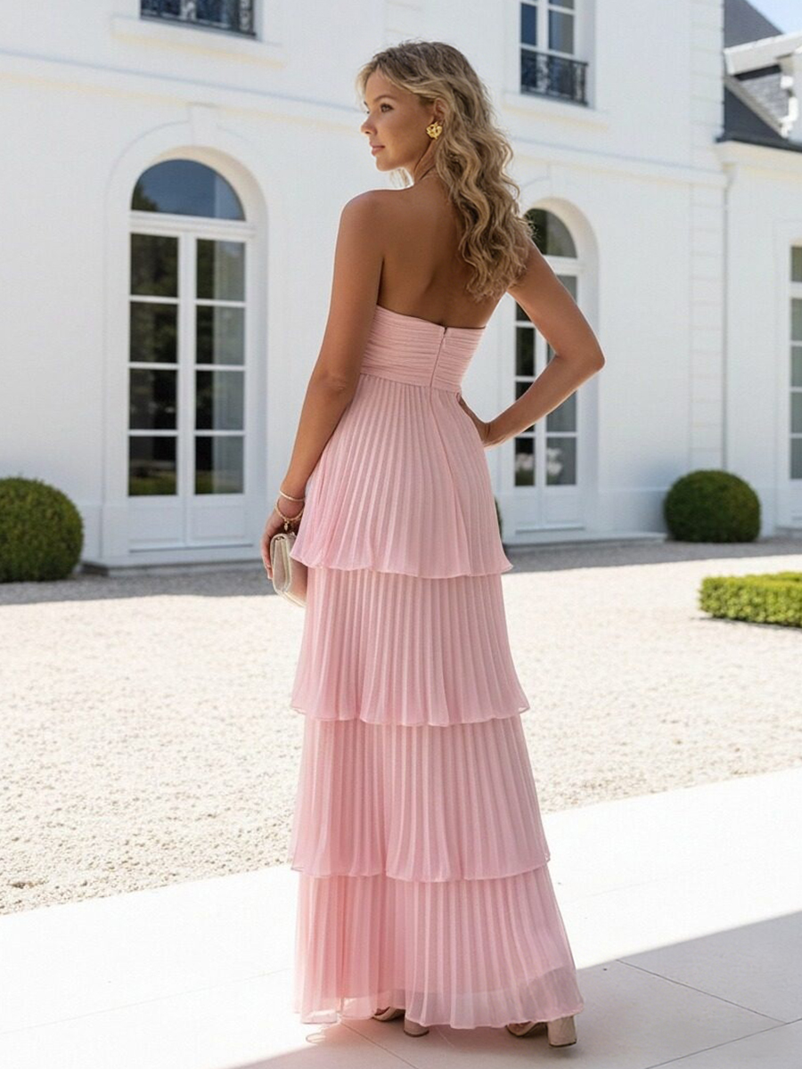 Strapless Pleated A Line Tiered Chiffon Prom Dresses