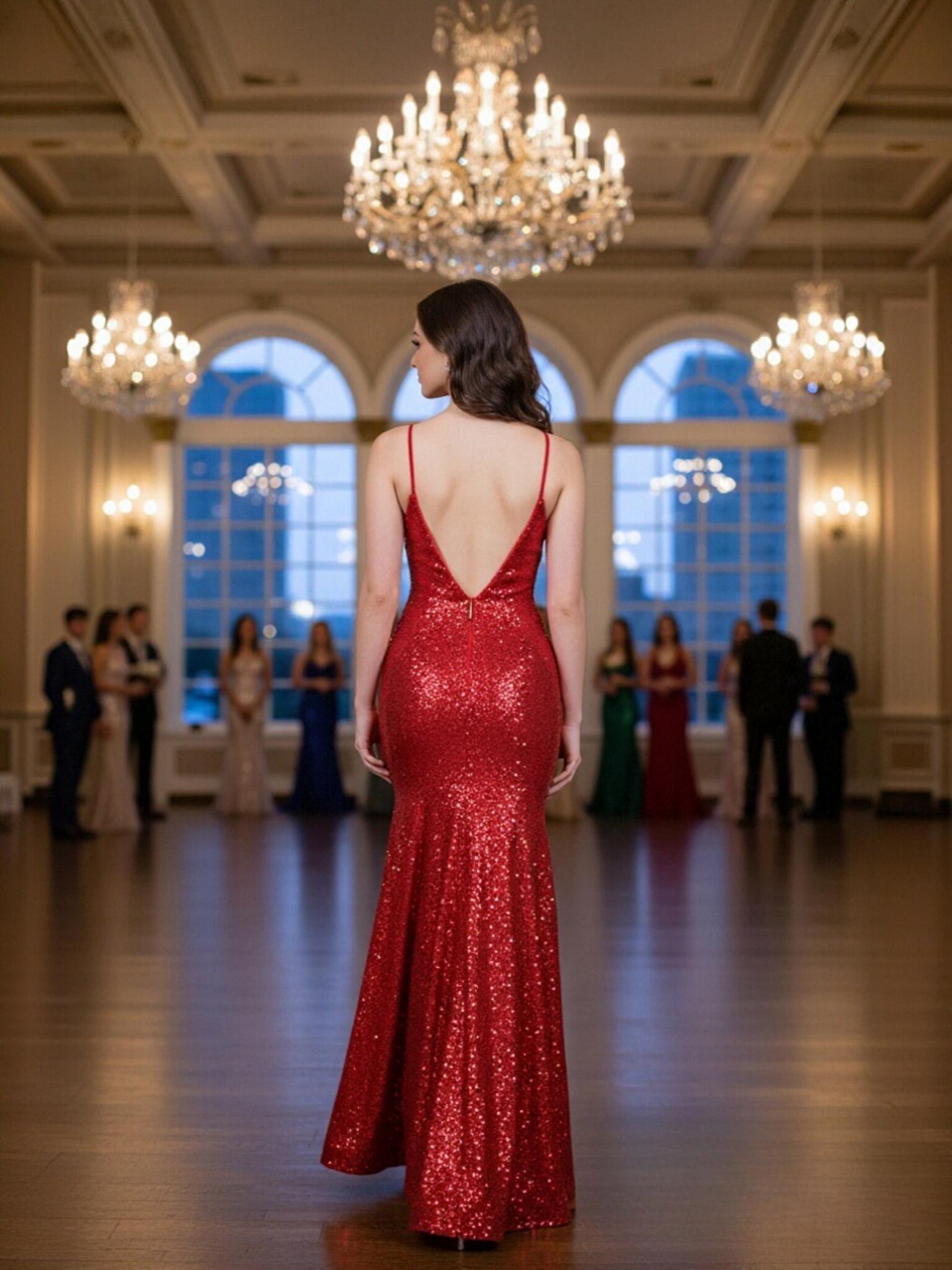 Spaghetti Strap Glitter Sequin Satin Prom Dresses with Slit