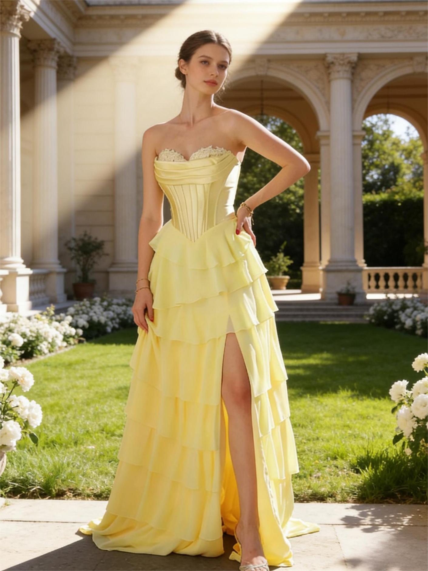 Strapless Tiered A Line Prom Dresses with Slit