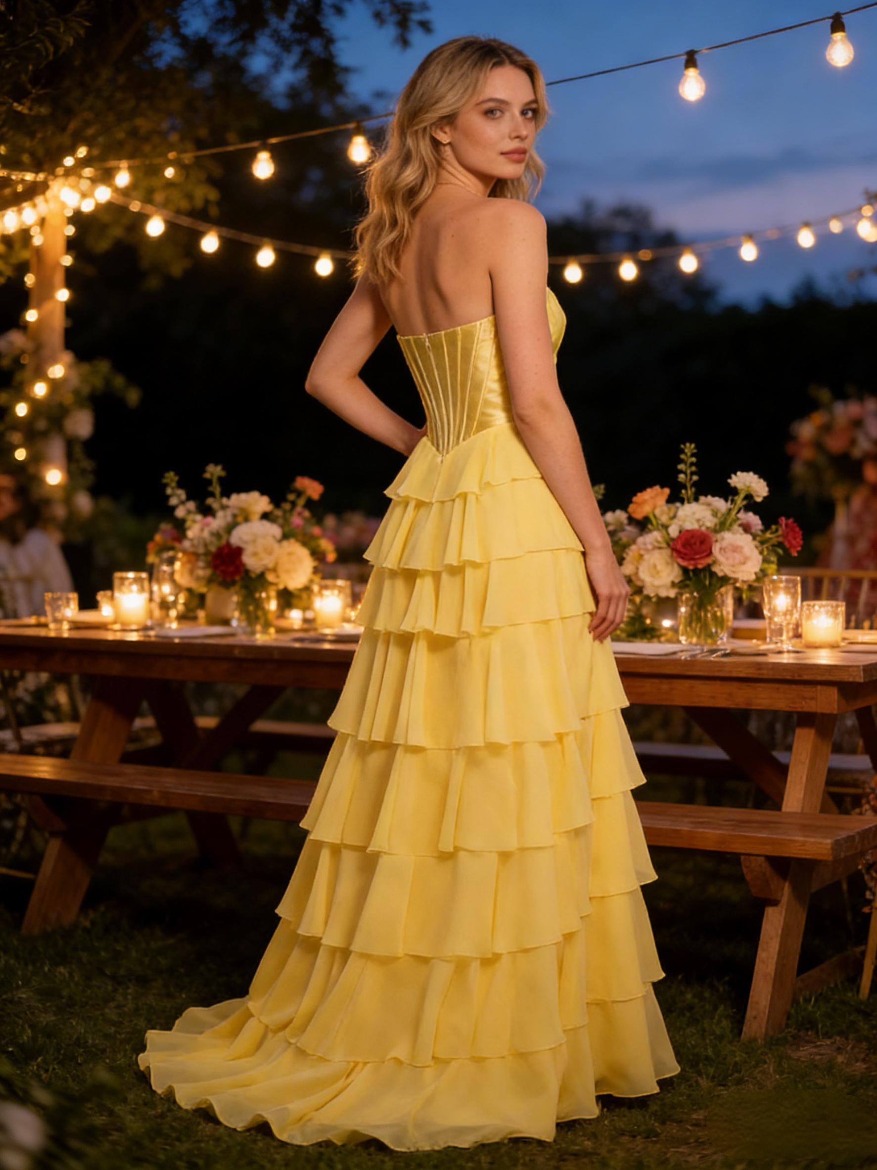 Strapless Tiered A Line Prom Dresses with Slit