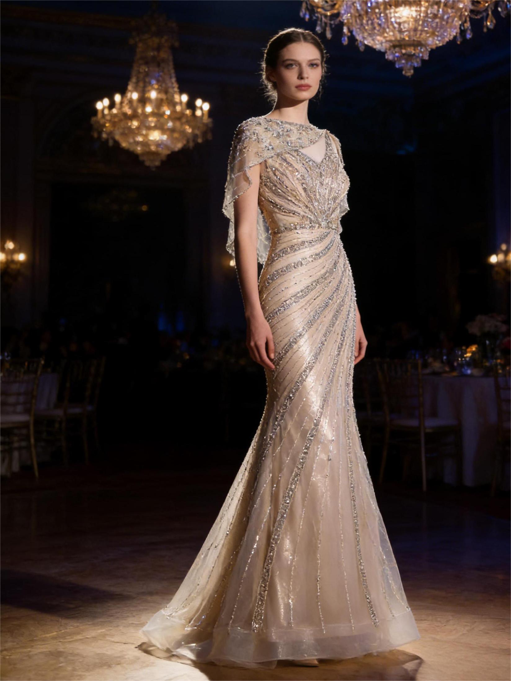 Glitter V Neck Mermaid Prom Dresses with Cape