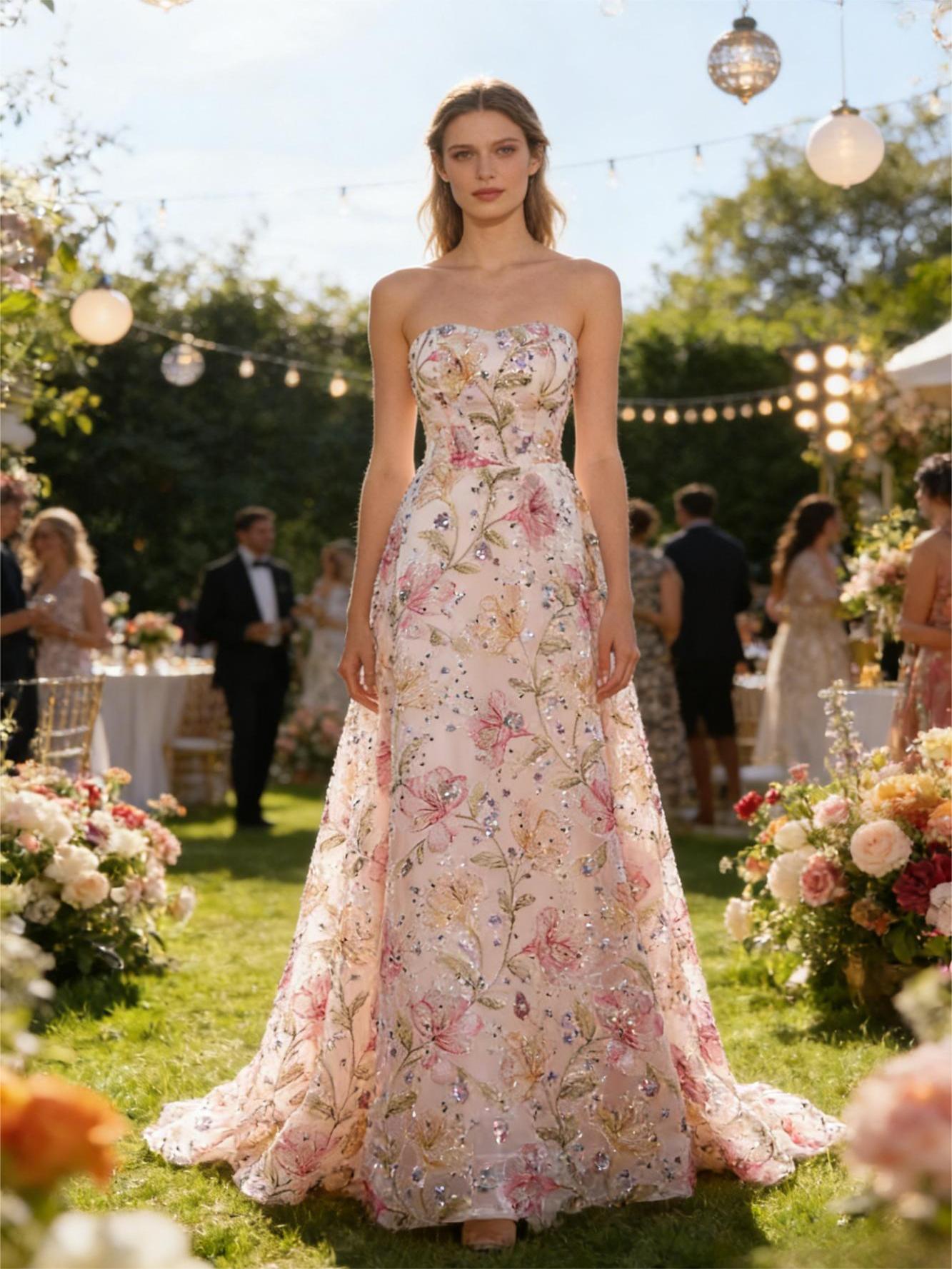 Strapless Glitter Floral A Line Prom Dresses