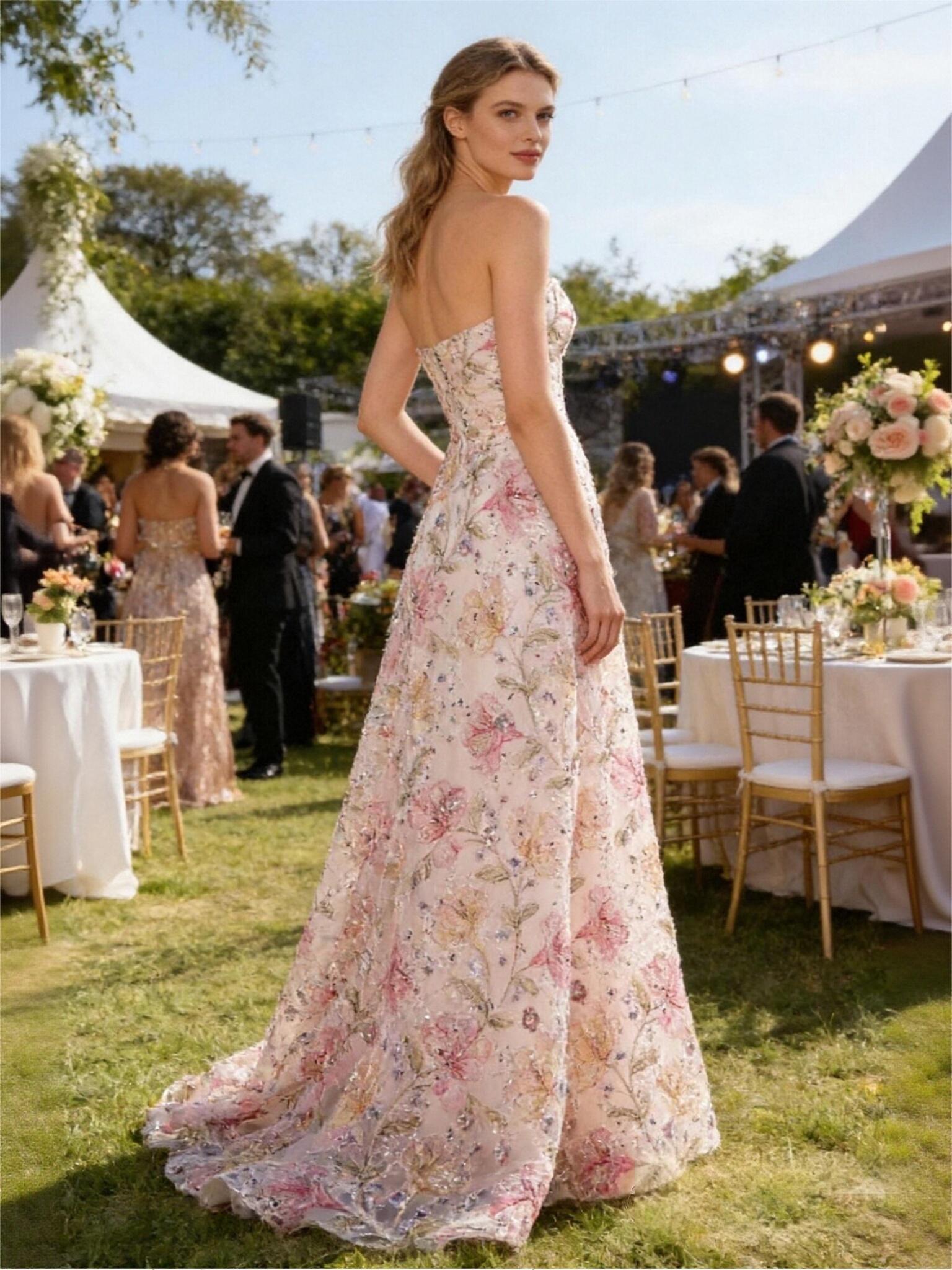 Strapless Glitter Floral A Line Prom Dresses