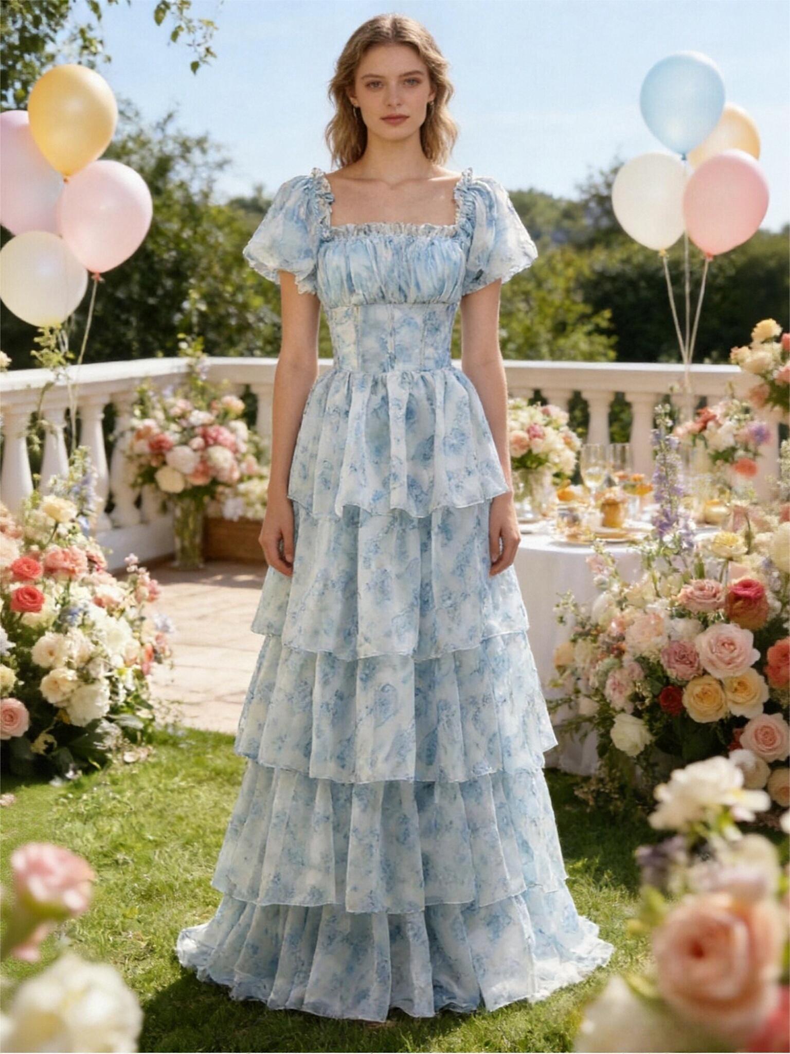 Short Sleeves Tiered Floral A Line Prom Dresses