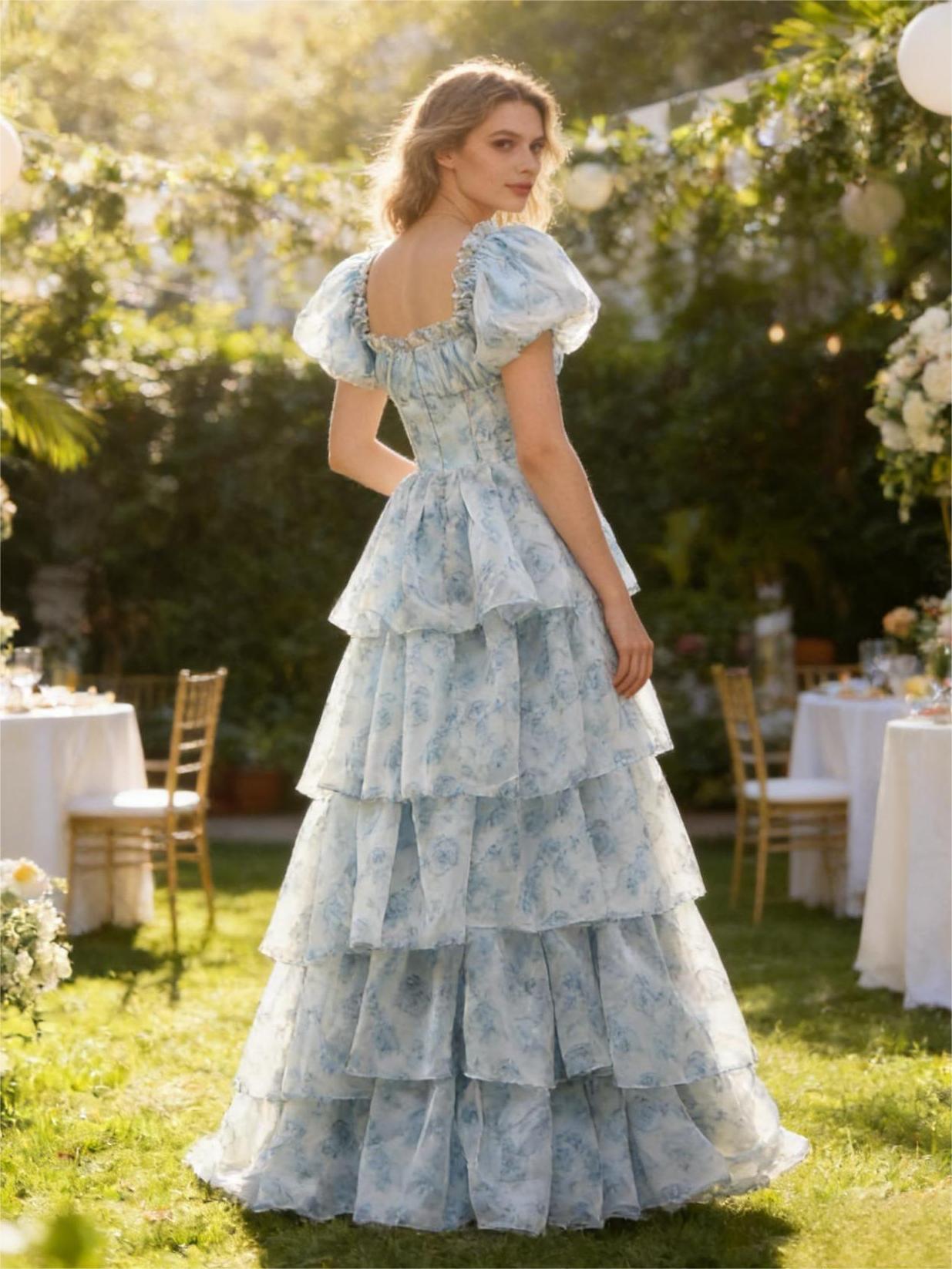 Short Sleeves Tiered Floral A Line Prom Dresses