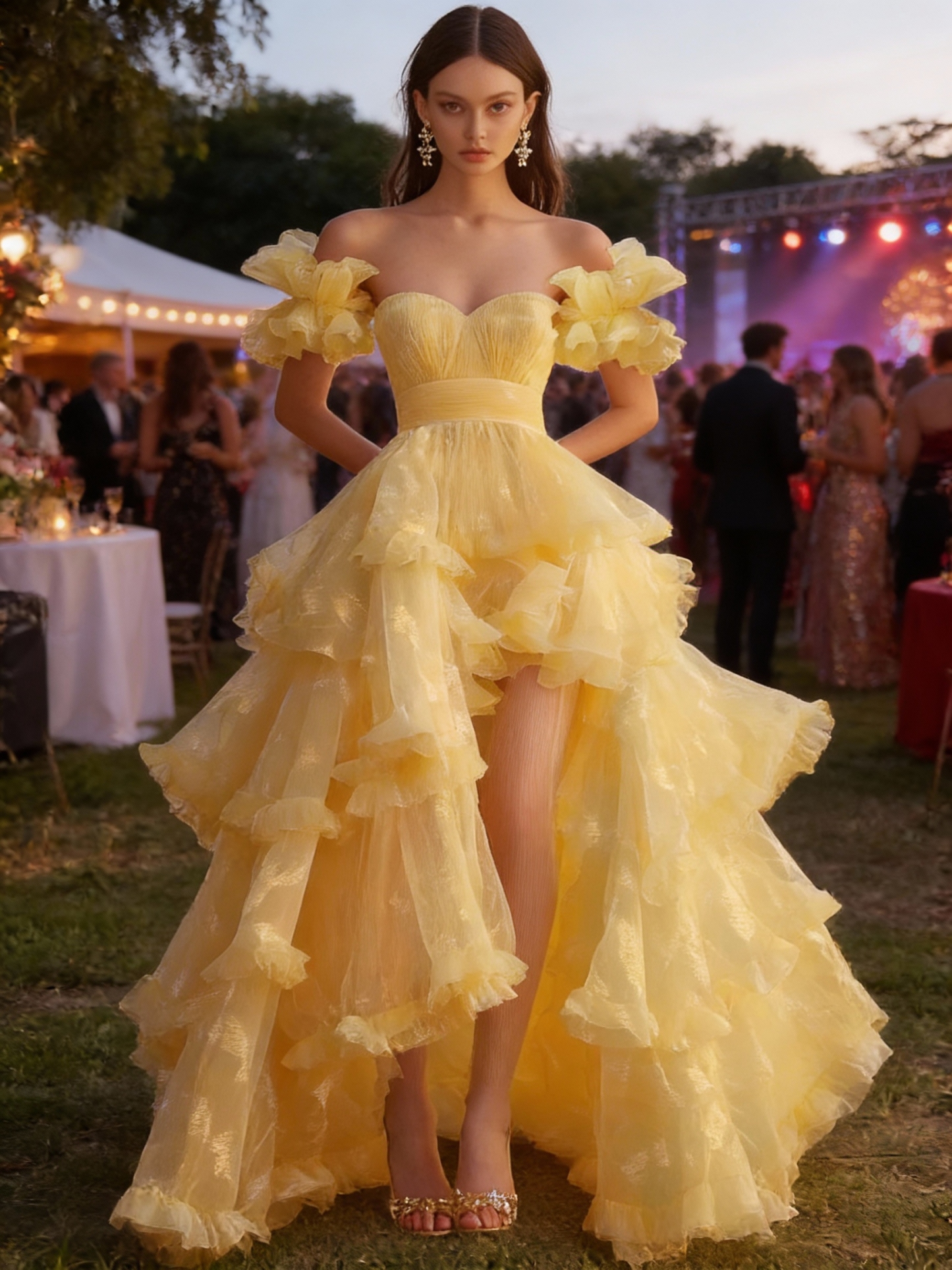 Off Shoulder Tiered Chiffon Prom Dresses with Slit