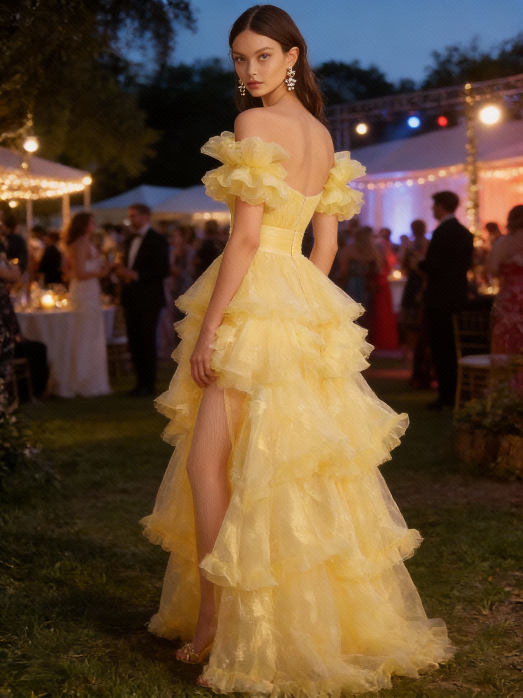 Off Shoulder Tiered Chiffon Prom Dresses with Slit