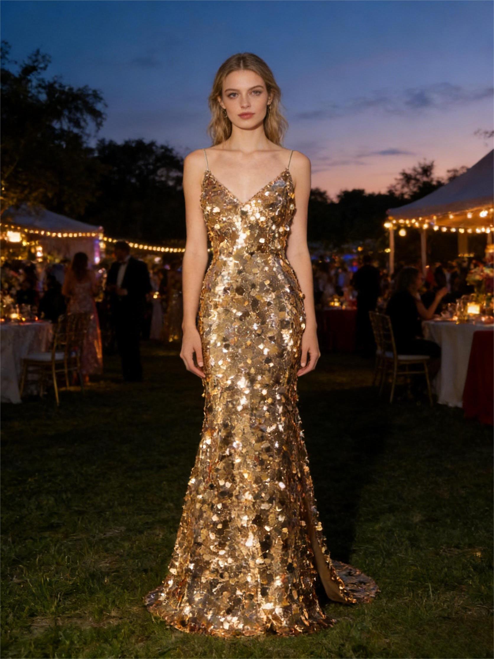 Spaghetti Straps V Neck Glitter Sequin Prom Dresses