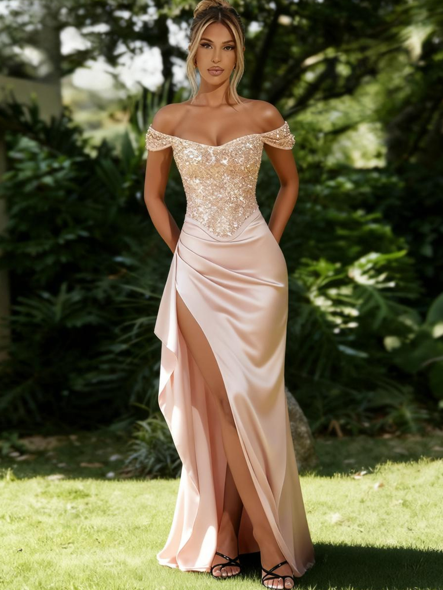 Off Shoulder Backless Satin Prom Dresses with Slit