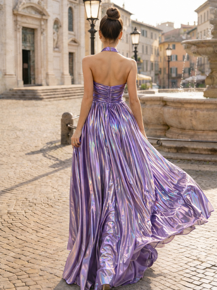 Halter Sleeveless Backless Satin Prom Dresses with Slit