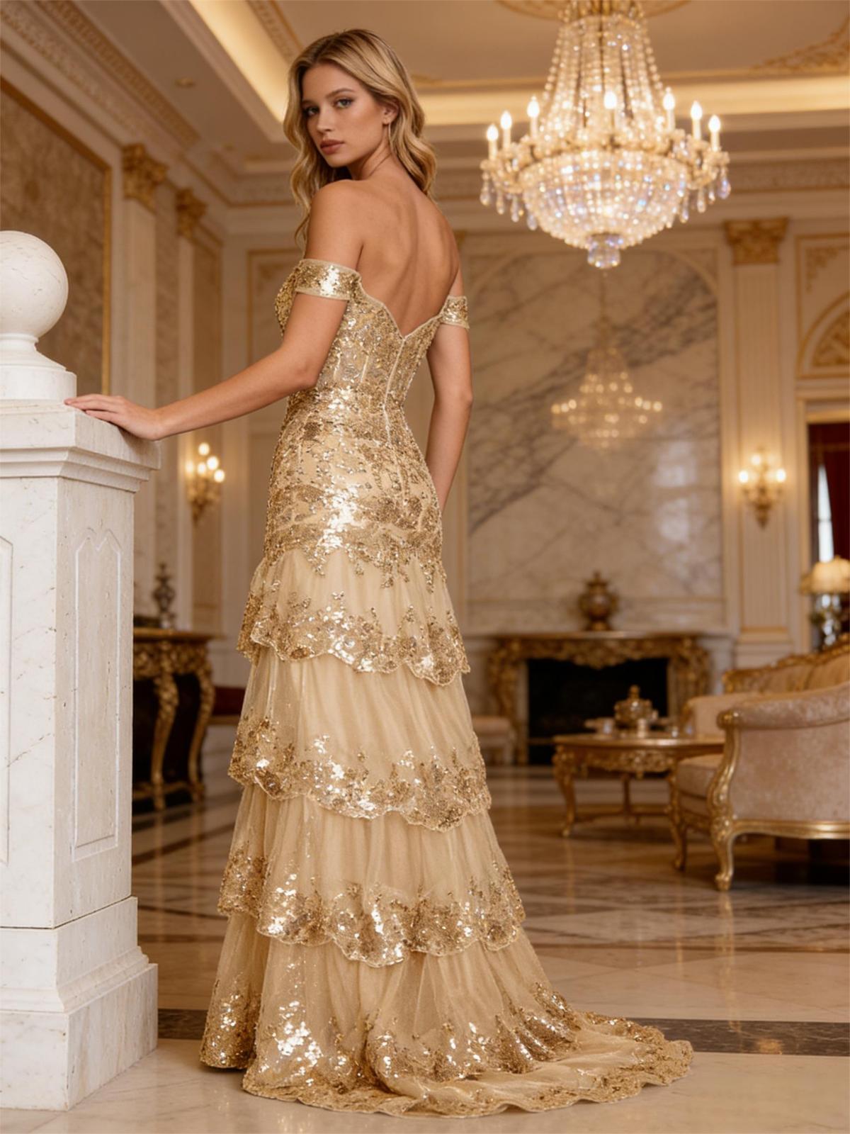 Off Shoulder Backless Sequin Prom Dresses with Slit