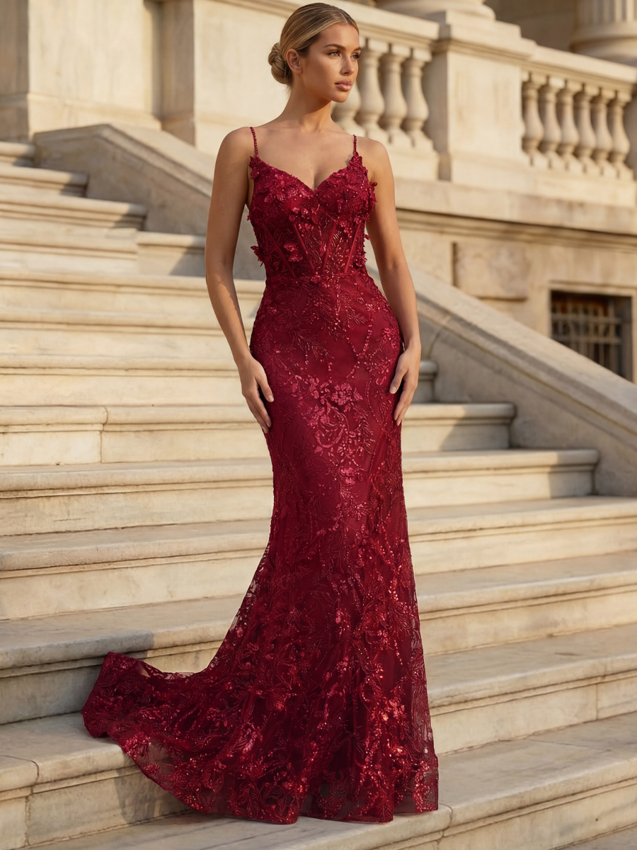 Spaghetti Straps V Neck Appliques Lace Prom Dresses