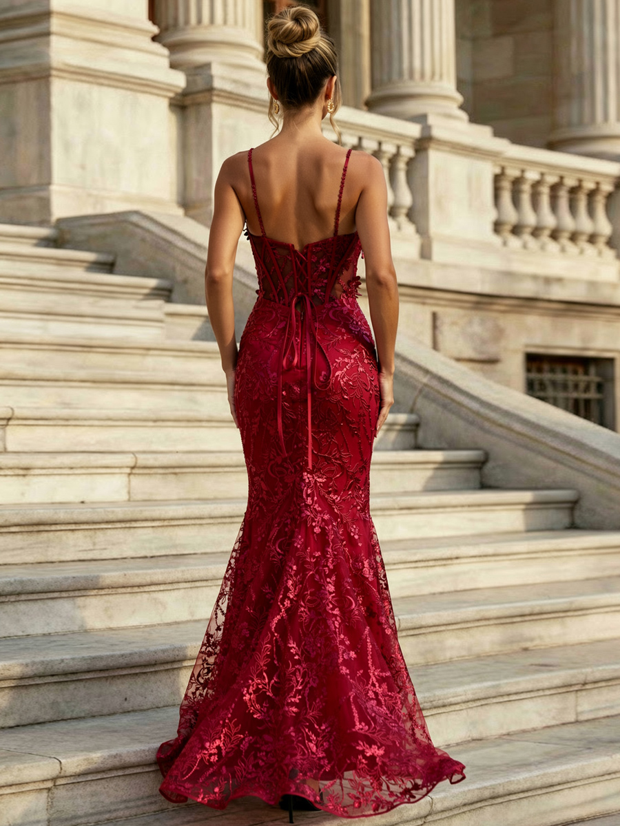 Spaghetti Straps V Neck Appliques Lace Prom Dresses