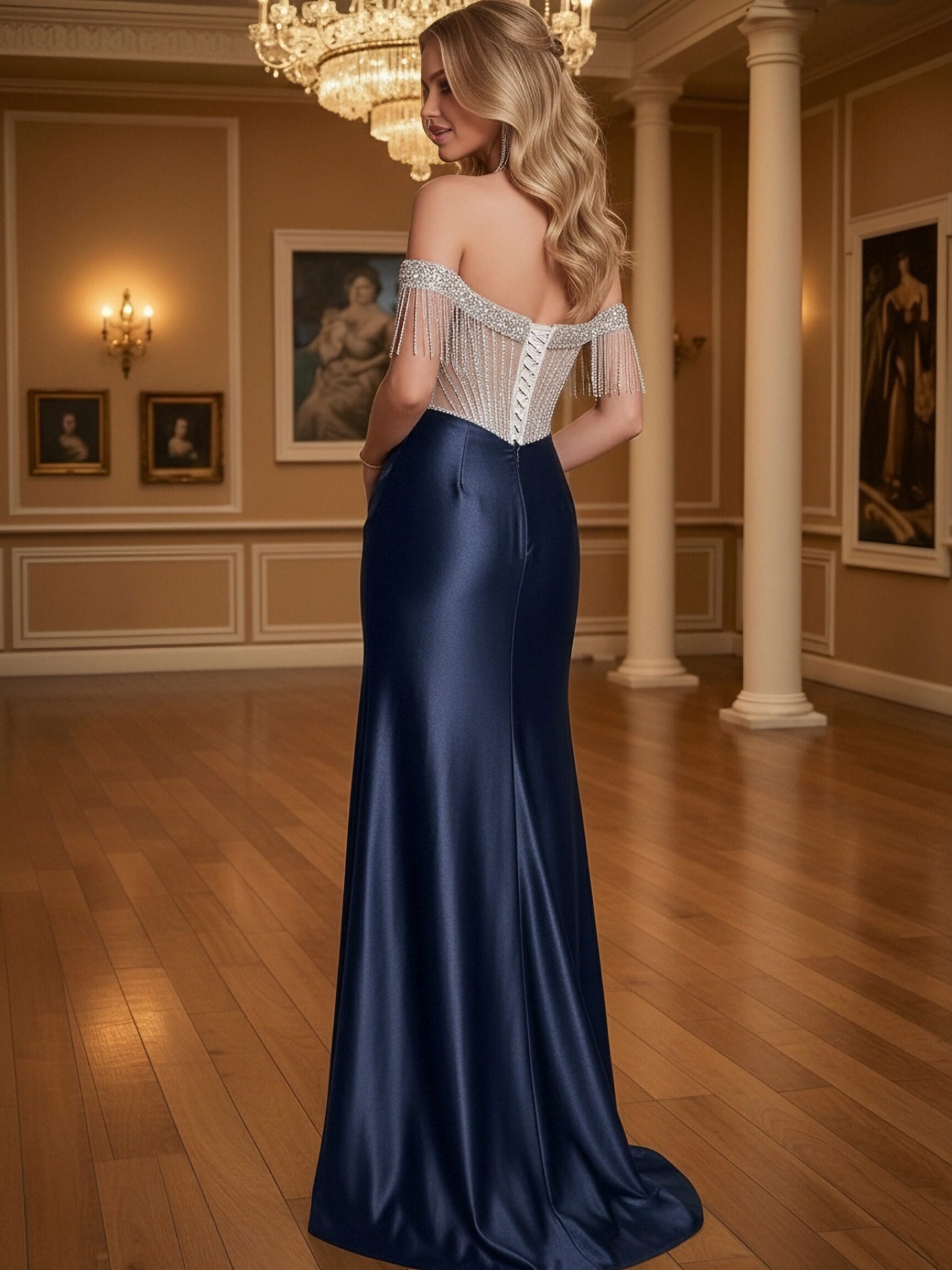 Off Shoulder Beaded Satin Prom Dresses with Slit