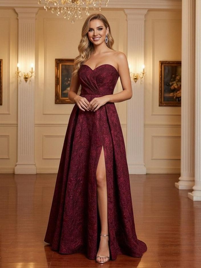 Strapless Jacquard A Line Prom Dresses with Slit