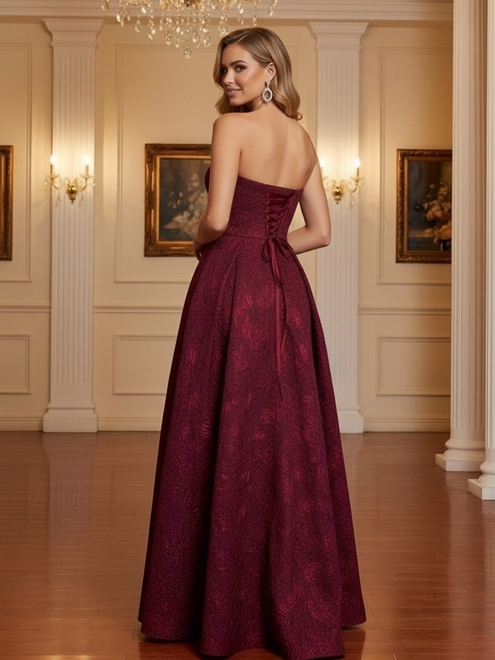 Strapless Jacquard A Line Prom Dresses with Slit