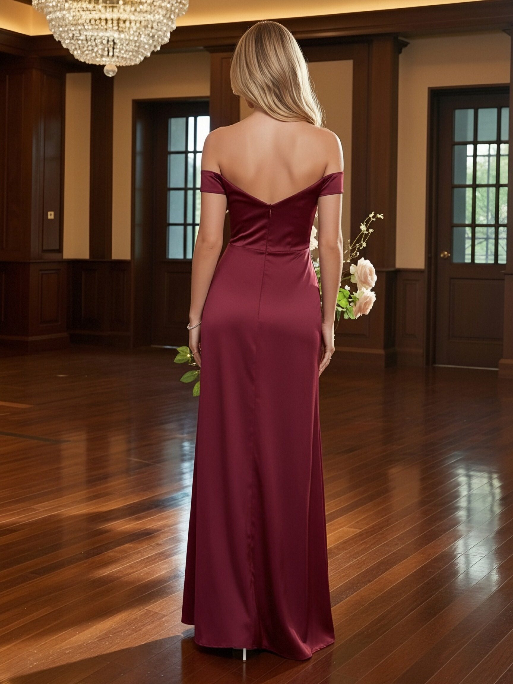 Off Shoulder Sweetheart Satin Prom Dresses with Slit