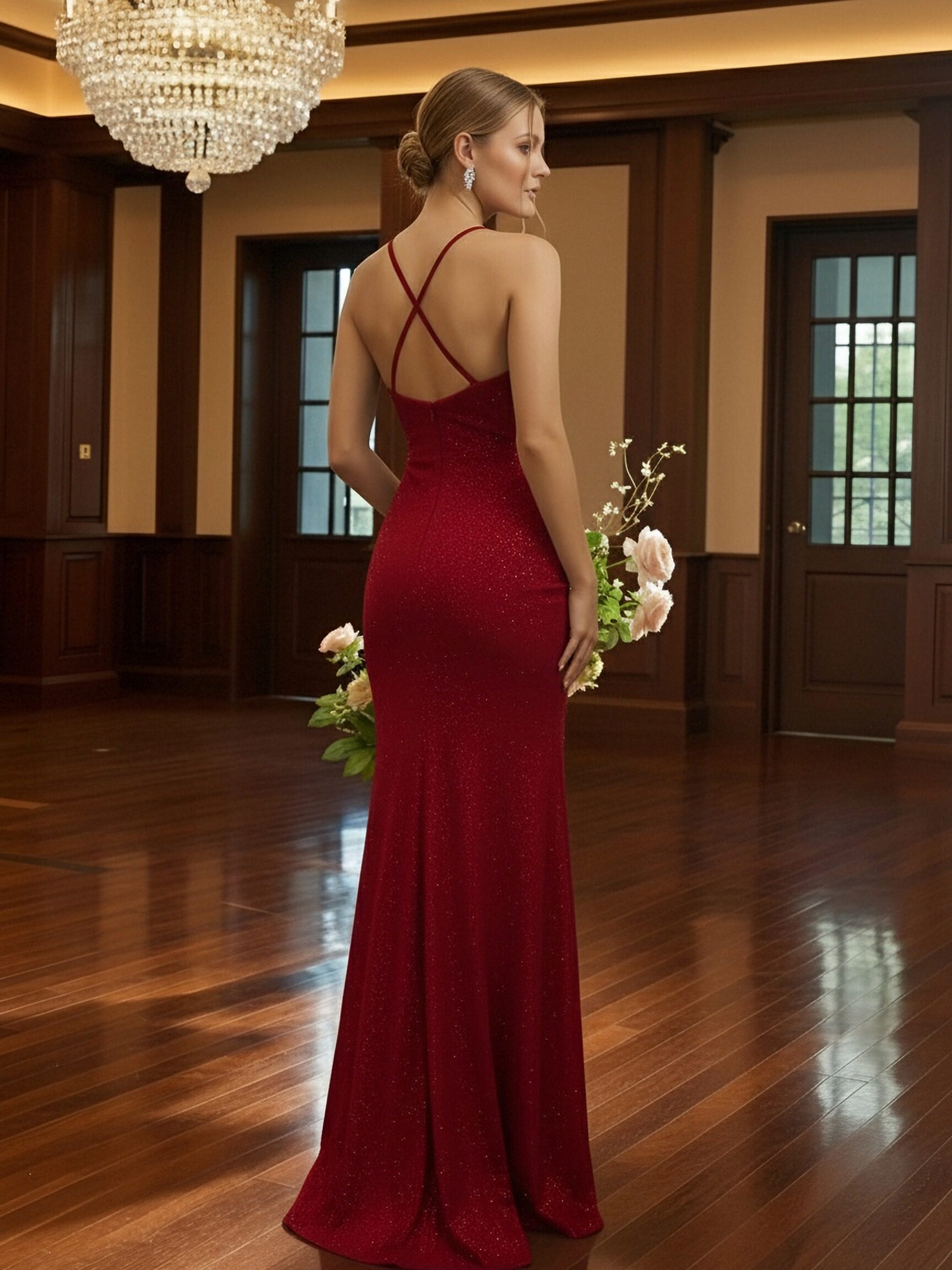 Spaghetti Strap V Neck Backless Satin Prom Dresses with Slit