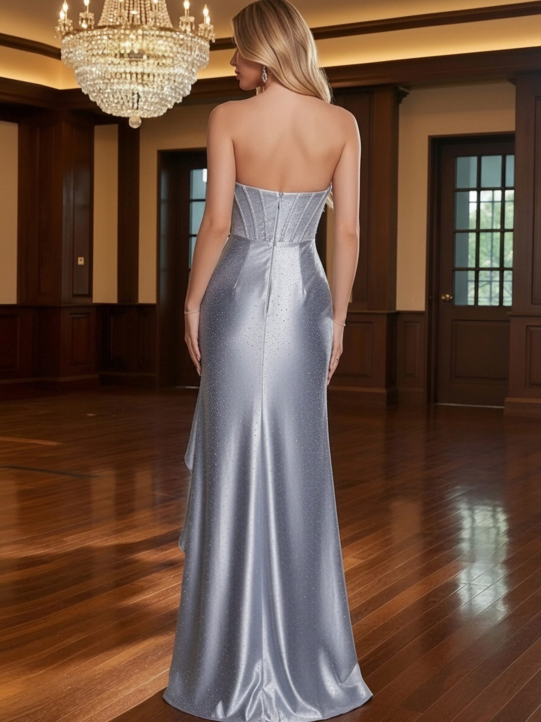 Strapless Sweetheart Pleated Satin Prom Dresses with Slit