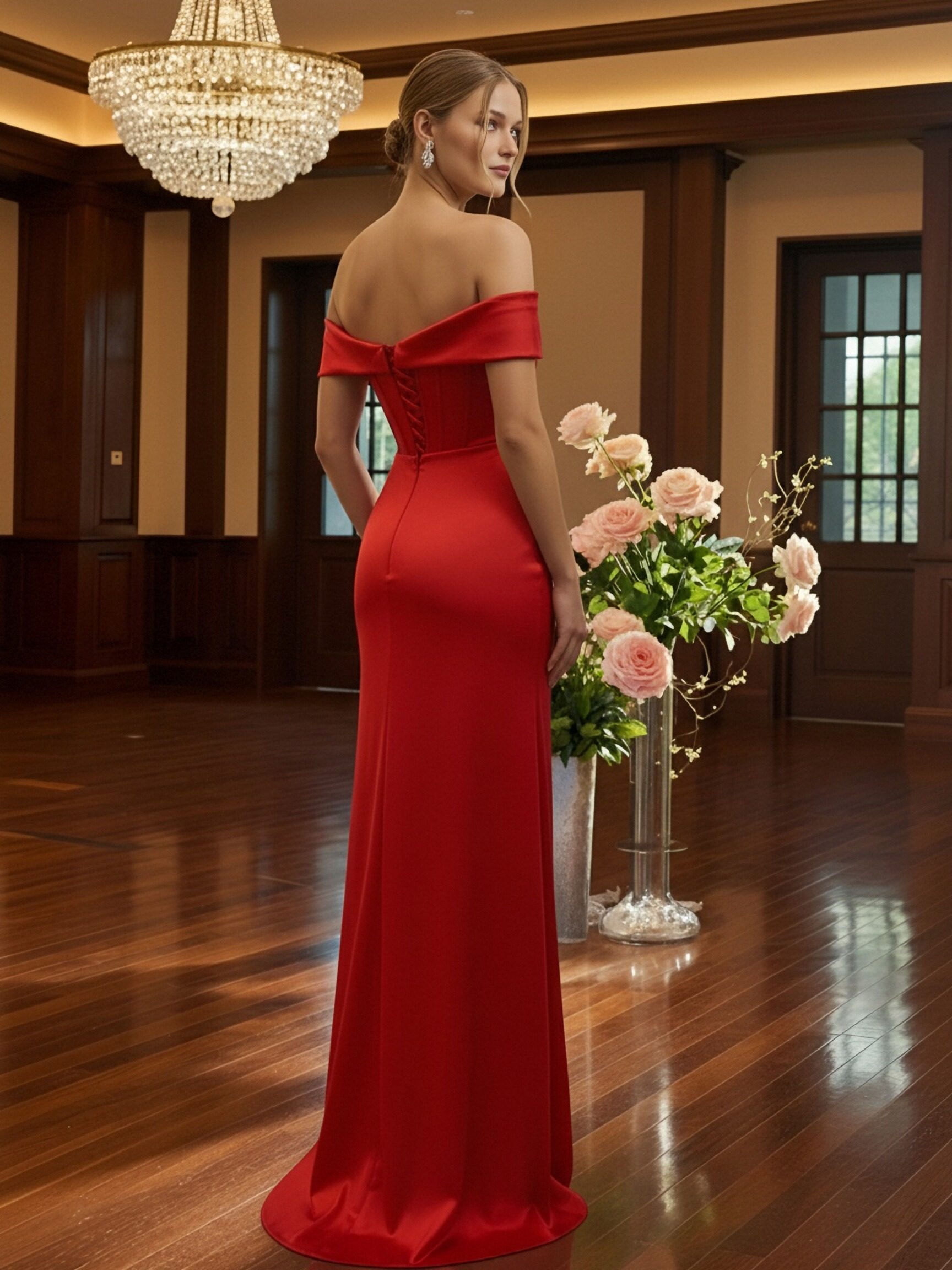 Off Shoulder Sweetheart Pleated Satin Prom Dresses with Slit