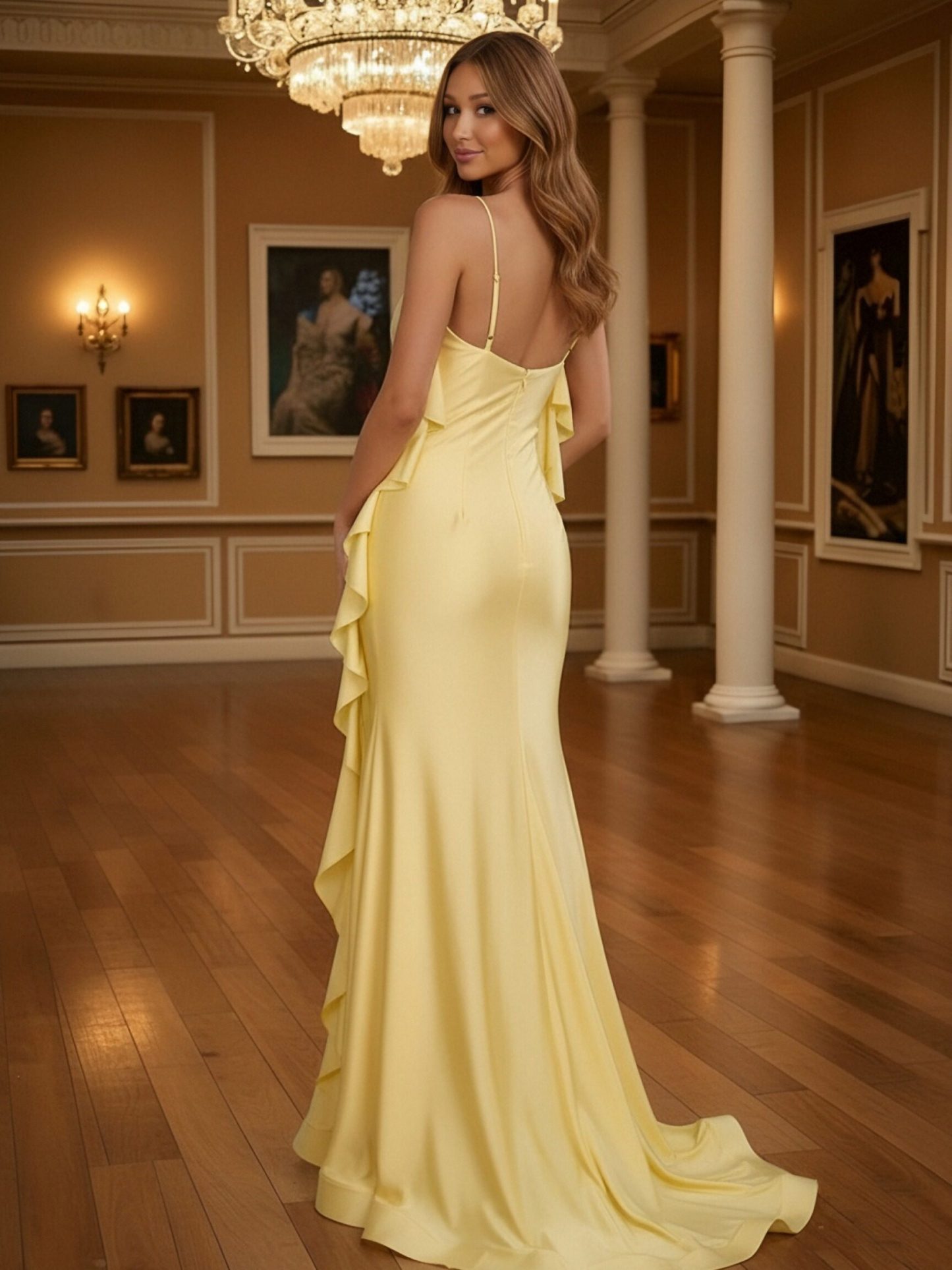 Spaghetti Strap Ruffles Satin Prom Dresses with Slit