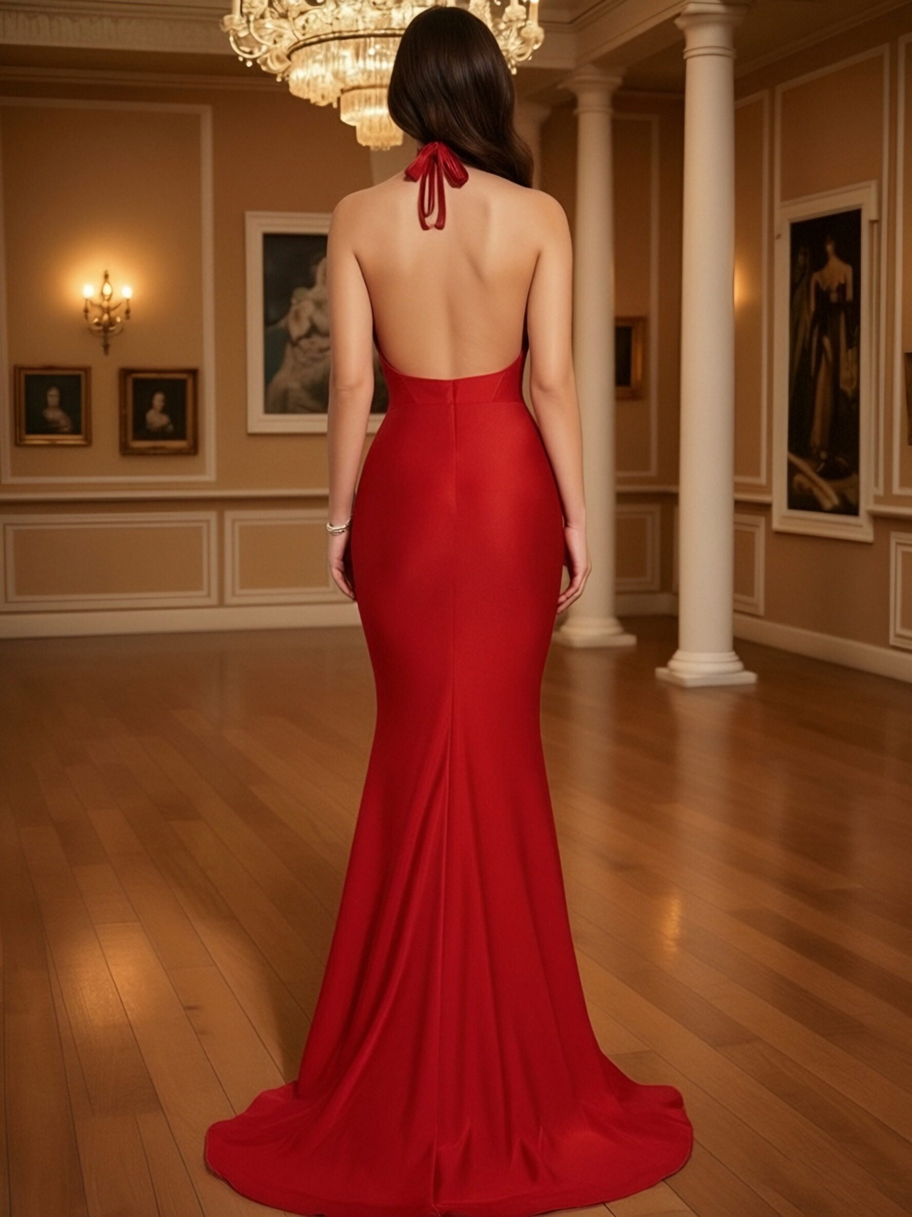 Halter Backless Floor Length Satin Mermaid Prom Dresses